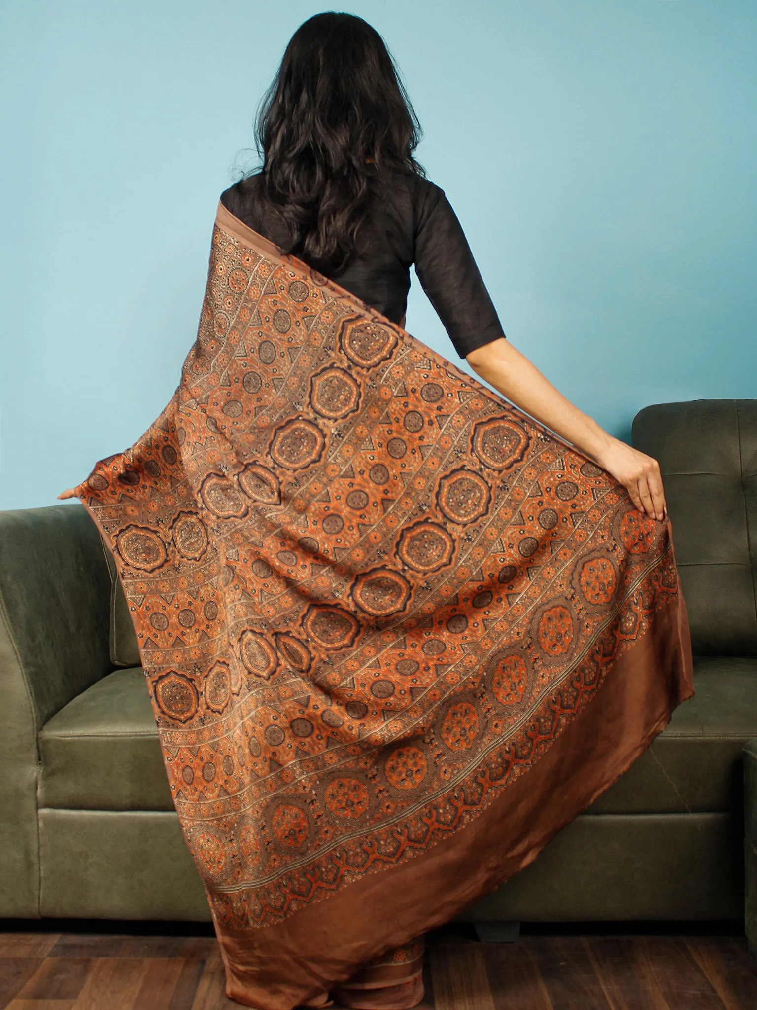 Brown Rust Black Ajrakh Hand Block Printed Modal Silk Saree in Natural Colors - S031703363