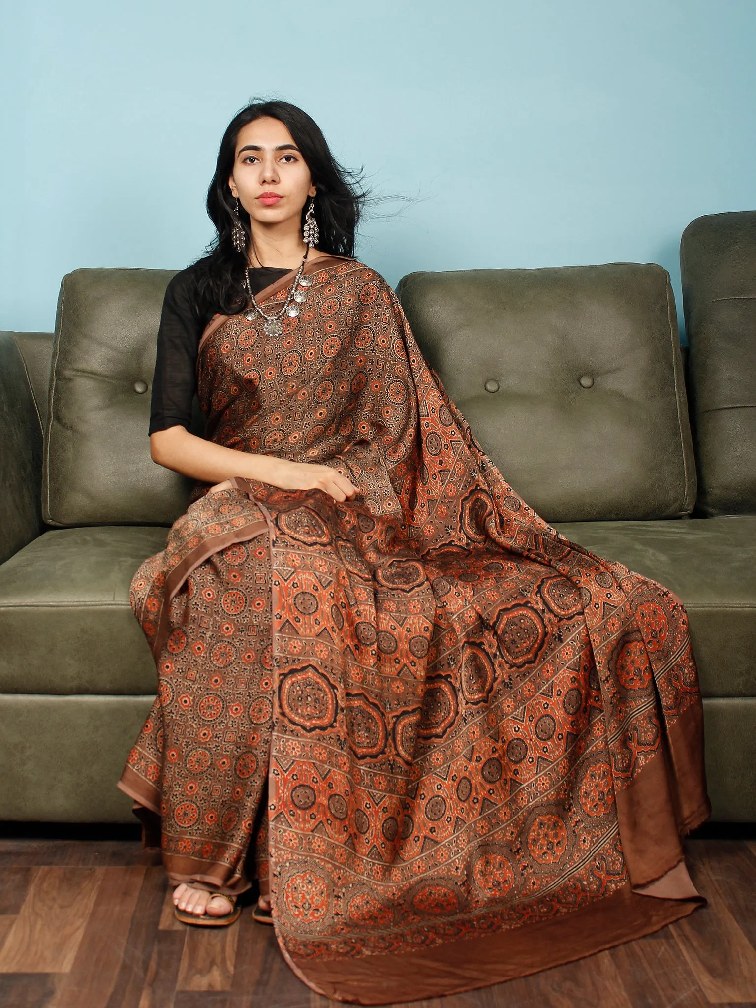 Brown Rust Black Ajrakh Hand Block Printed Modal Silk Saree in Natural Colors - S031703363