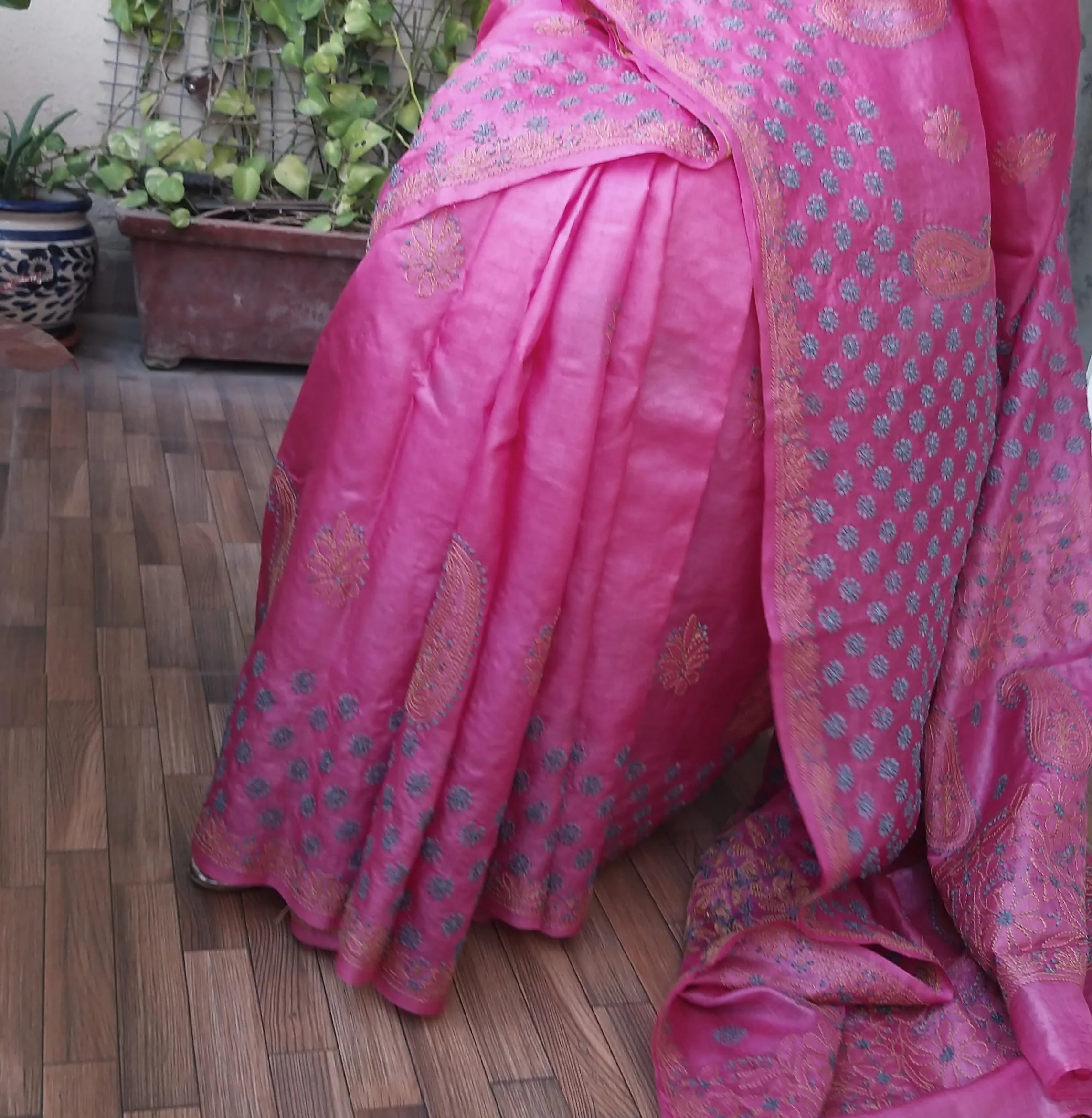 CHIKANKARI TUSSAR SILK SAREE