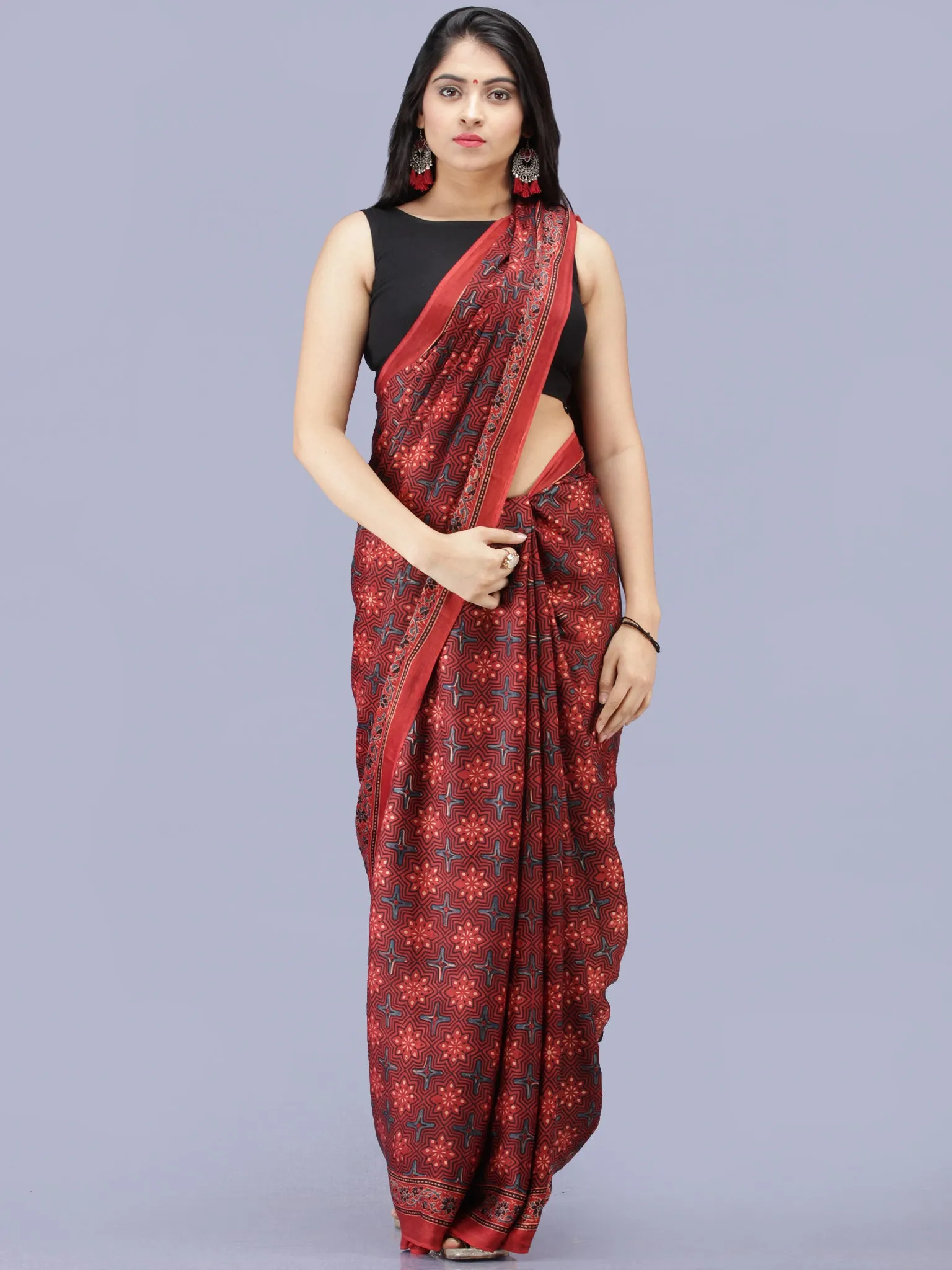 Crimson Red Indigo Ajrakh Hand Block Printed Modal Silk Saree - S031704204