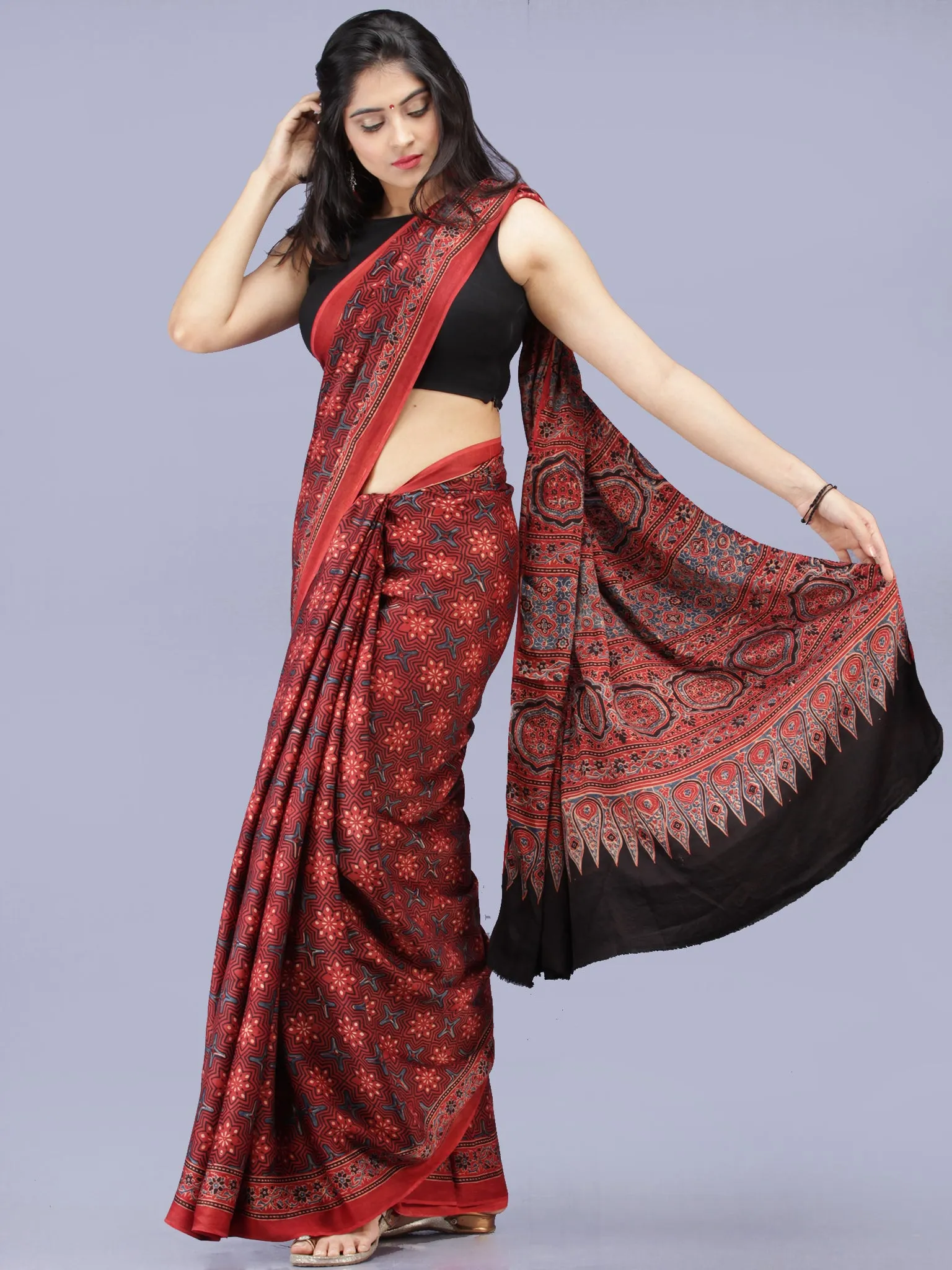 Crimson Red Indigo Ajrakh Hand Block Printed Modal Silk Saree - S031704204