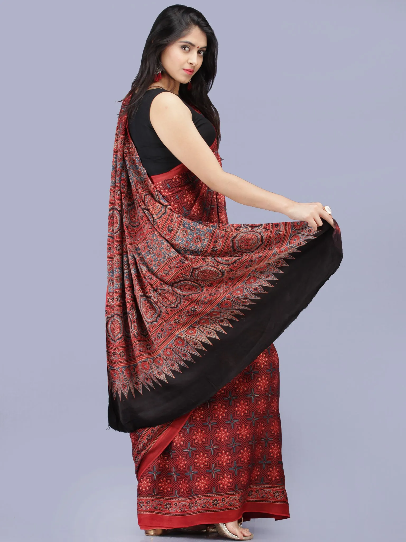 Crimson Red Indigo Ajrakh Hand Block Printed Modal Silk Saree - S031704204