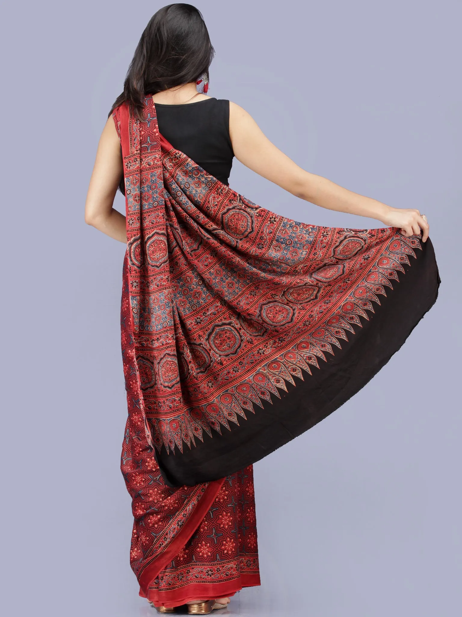 Crimson Red Indigo Ajrakh Hand Block Printed Modal Silk Saree - S031704204