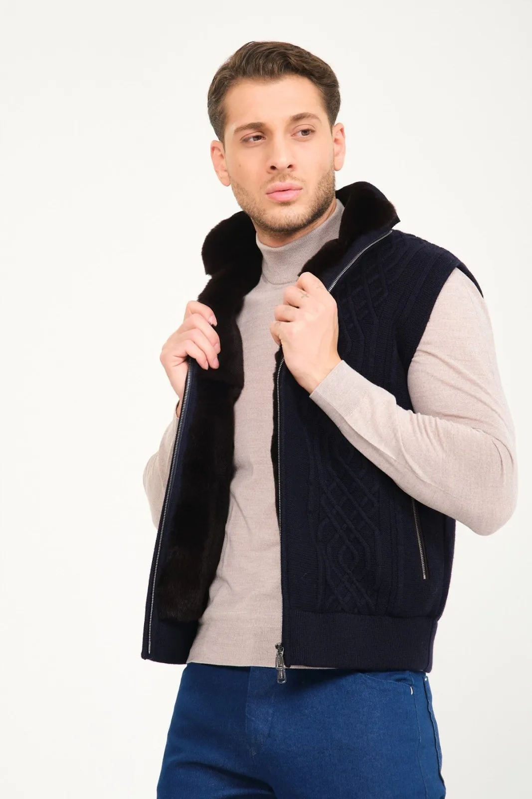 Dark Blue Grey Wool & Rex Fur Knit Vest