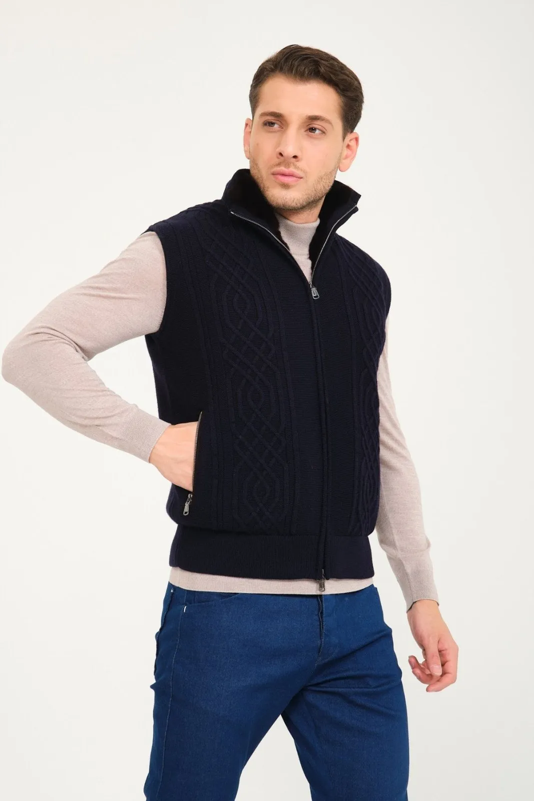 Dark Blue Grey Wool & Rex Fur Knit Vest