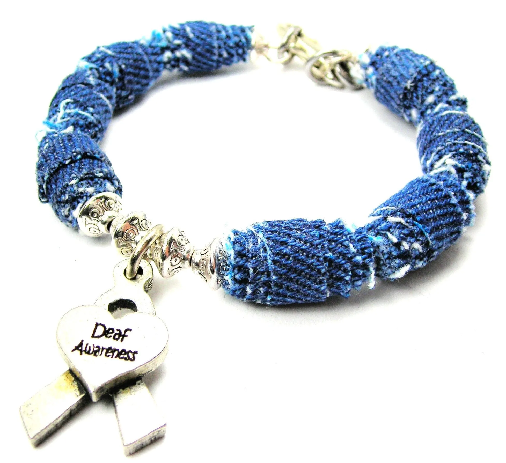 Deaf Awareness Ribbon Blue Jean Beaded Toggle Bracelet