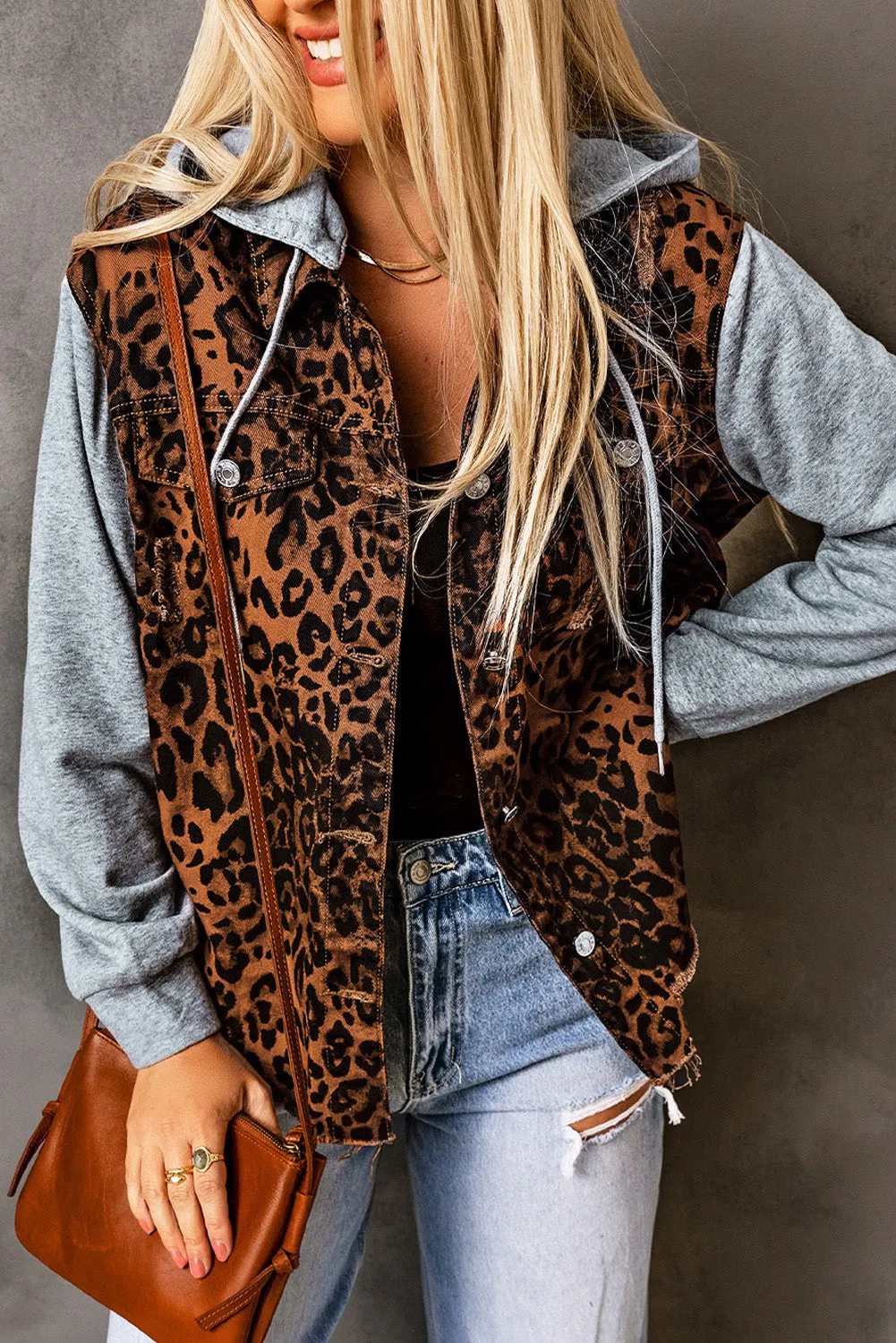 Denim Jacket Animal Print 100% Cotton Premium Leopard Distressed Drawstring Hooded Denim Jacket