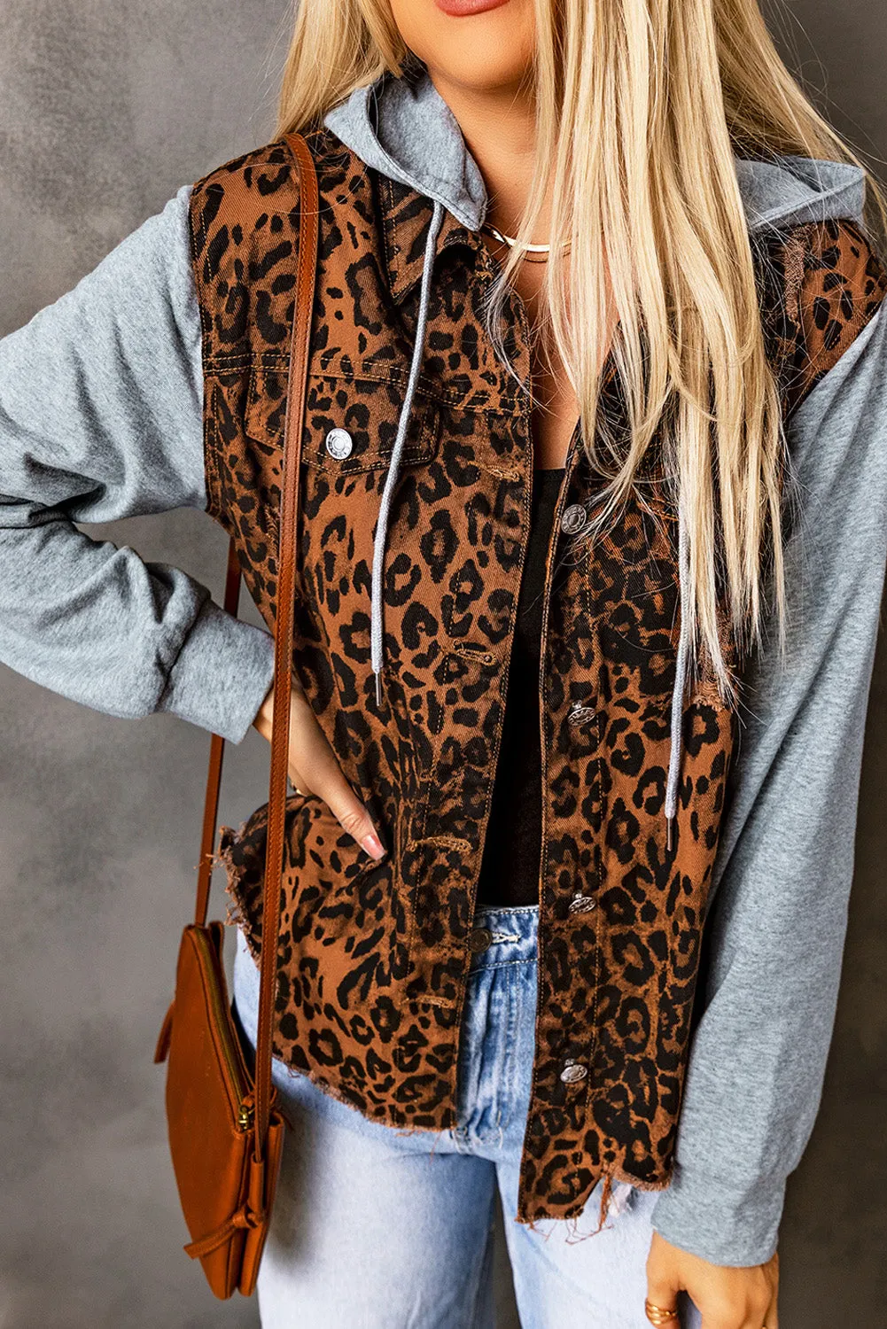 Denim Jacket Animal Print 100% Cotton Premium Leopard Distressed Drawstring Hooded Denim Jacket