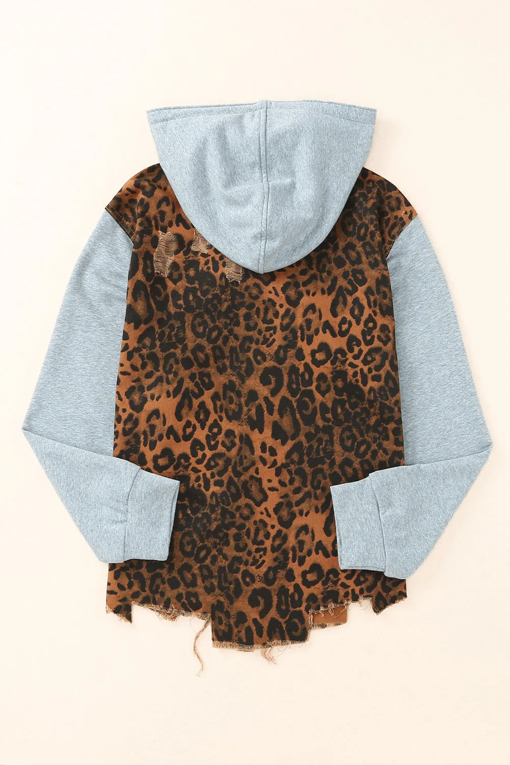 Denim Jacket Animal Print 100% Cotton Premium Leopard Distressed Drawstring Hooded Denim Jacket