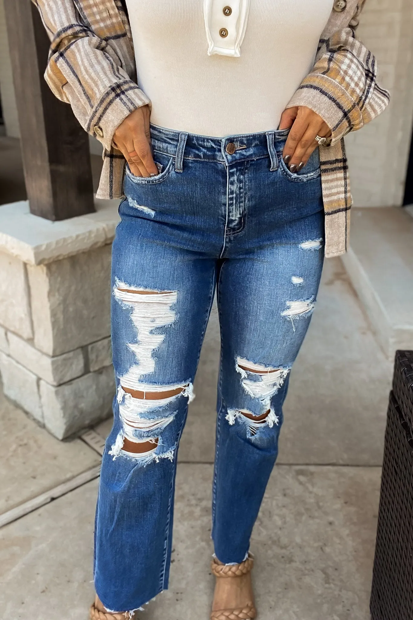 Distressed High Rise Ankle Relaxed Straight Jeans