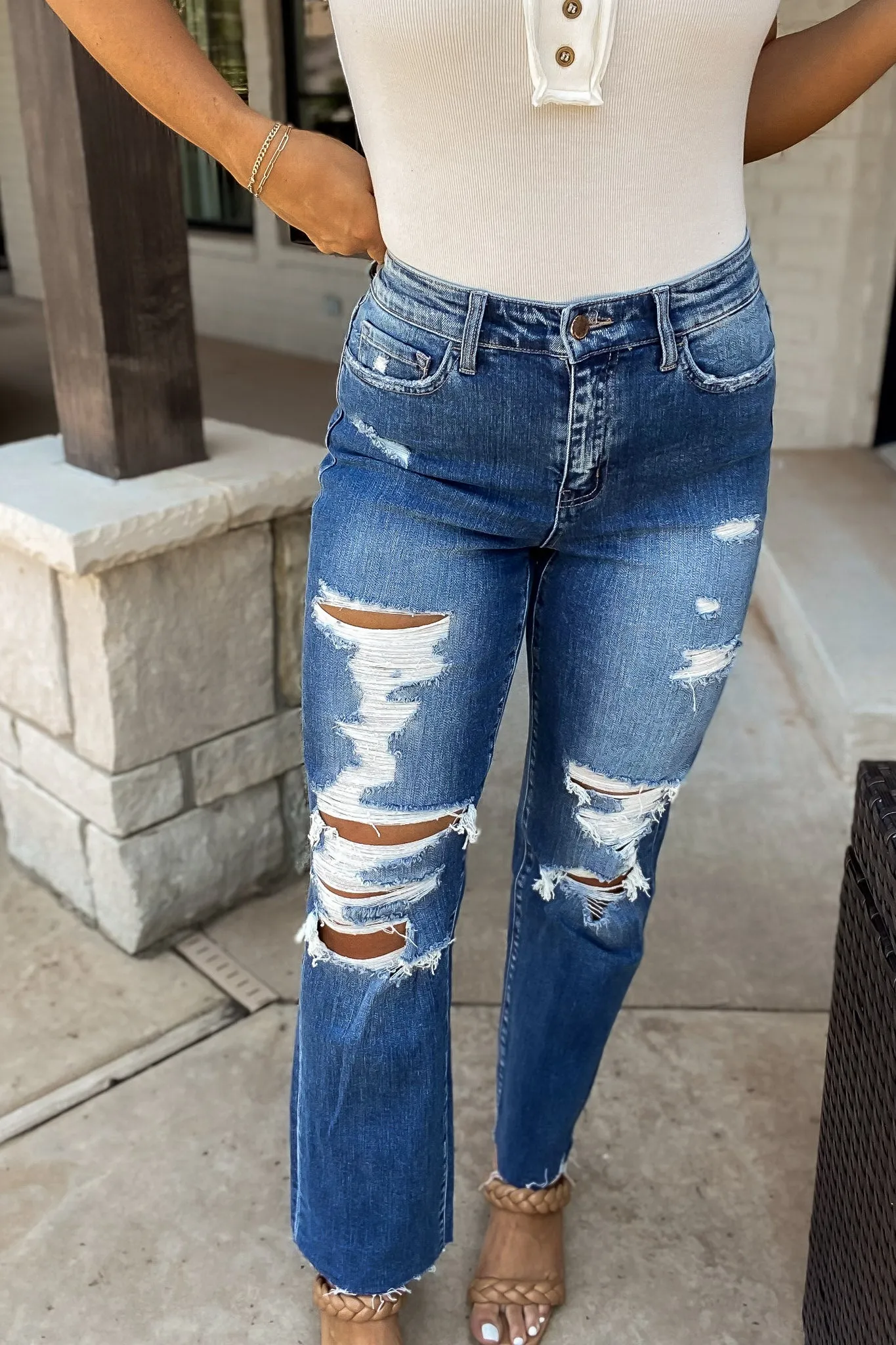 Distressed High Rise Ankle Relaxed Straight Jeans