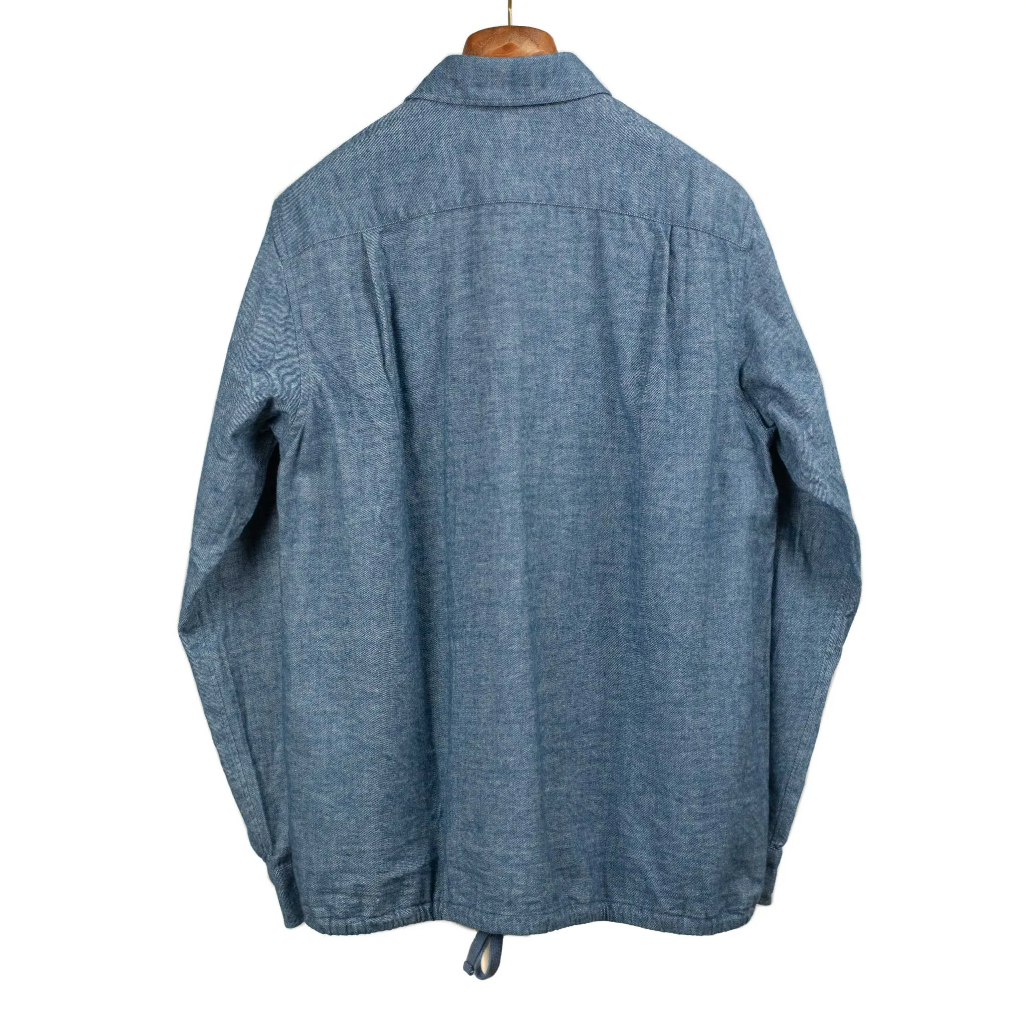 Drawstring hem popover shirt in indigo blue cotton flannel