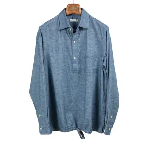 Drawstring hem popover shirt in indigo blue cotton flannel