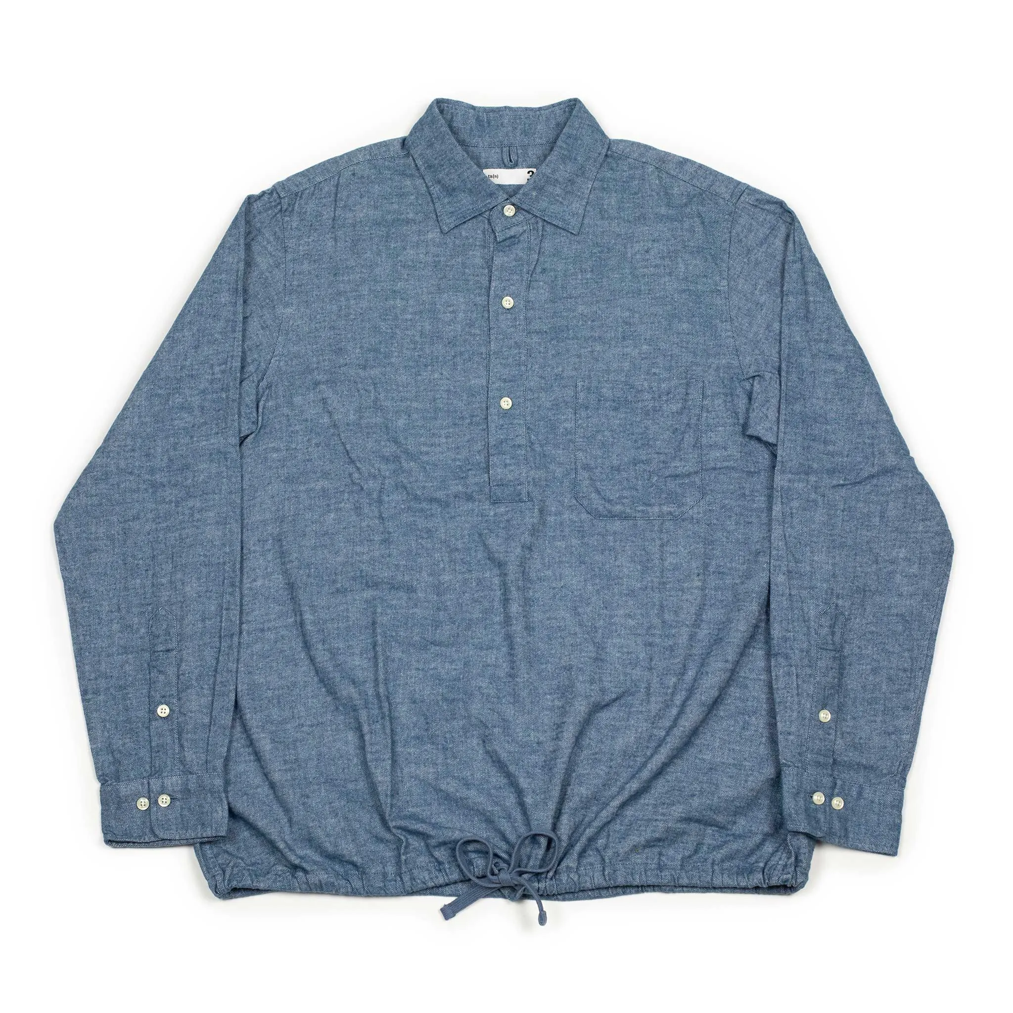 Drawstring hem popover shirt in indigo blue cotton flannel