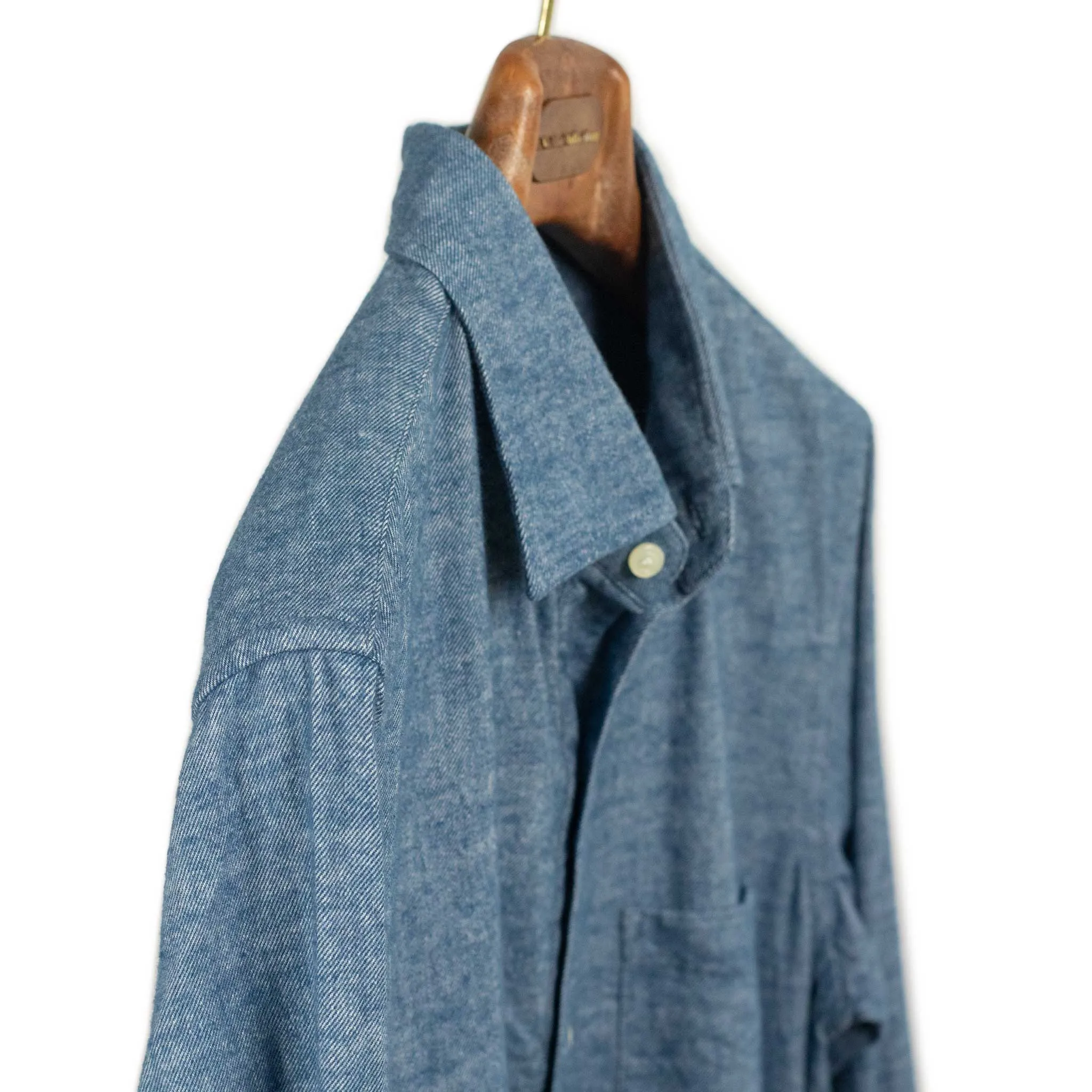 Drawstring hem popover shirt in indigo blue cotton flannel