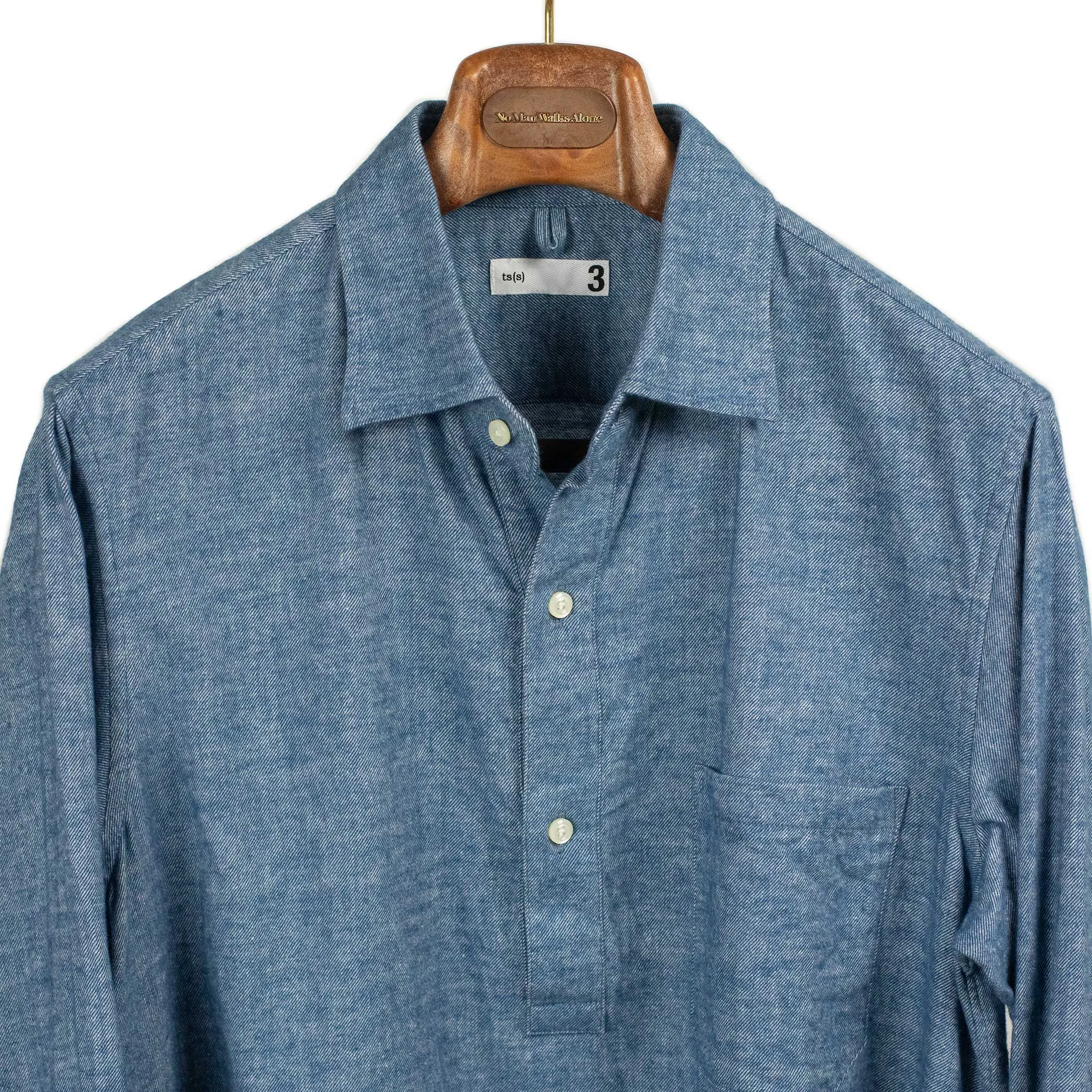 Drawstring hem popover shirt in indigo blue cotton flannel