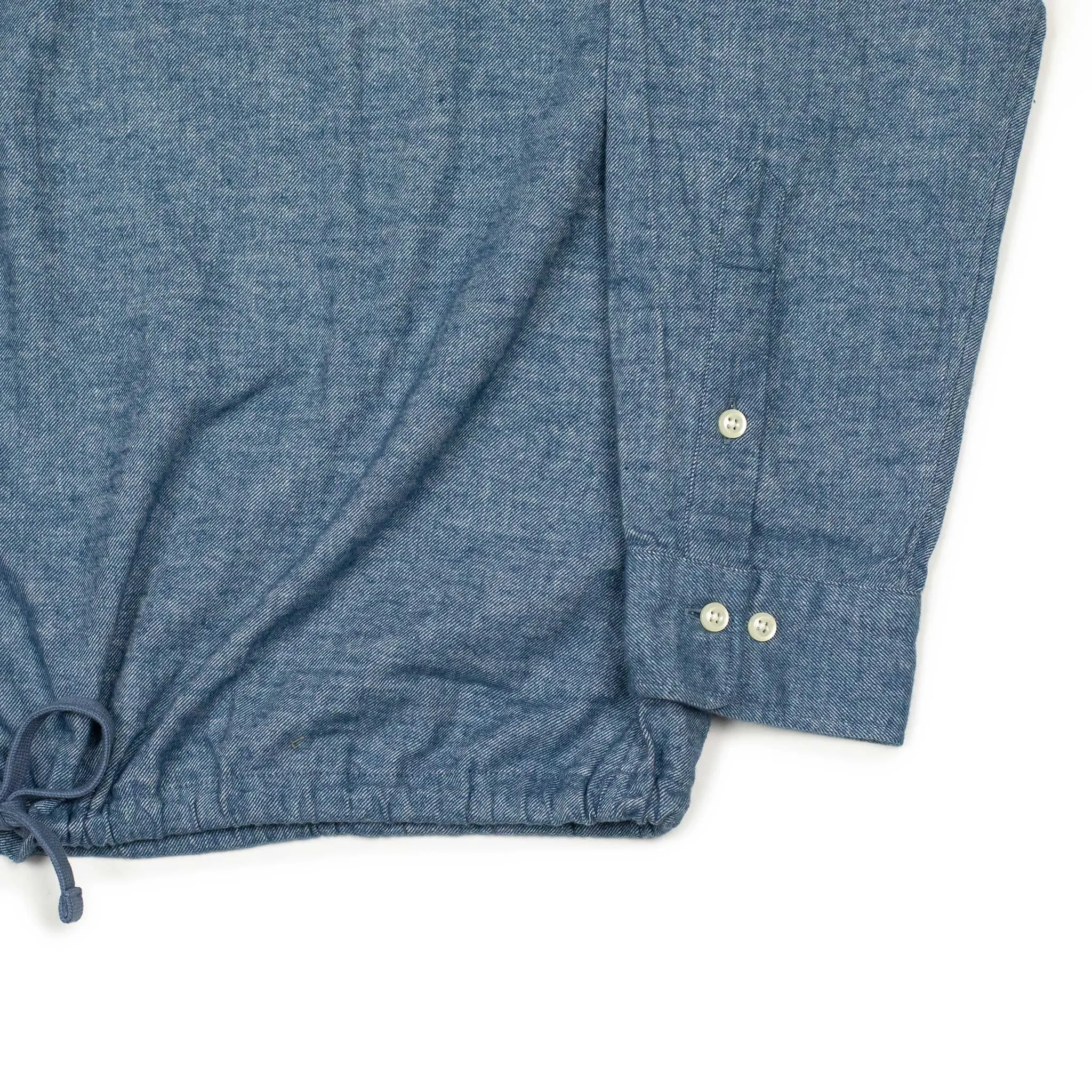 Drawstring hem popover shirt in indigo blue cotton flannel