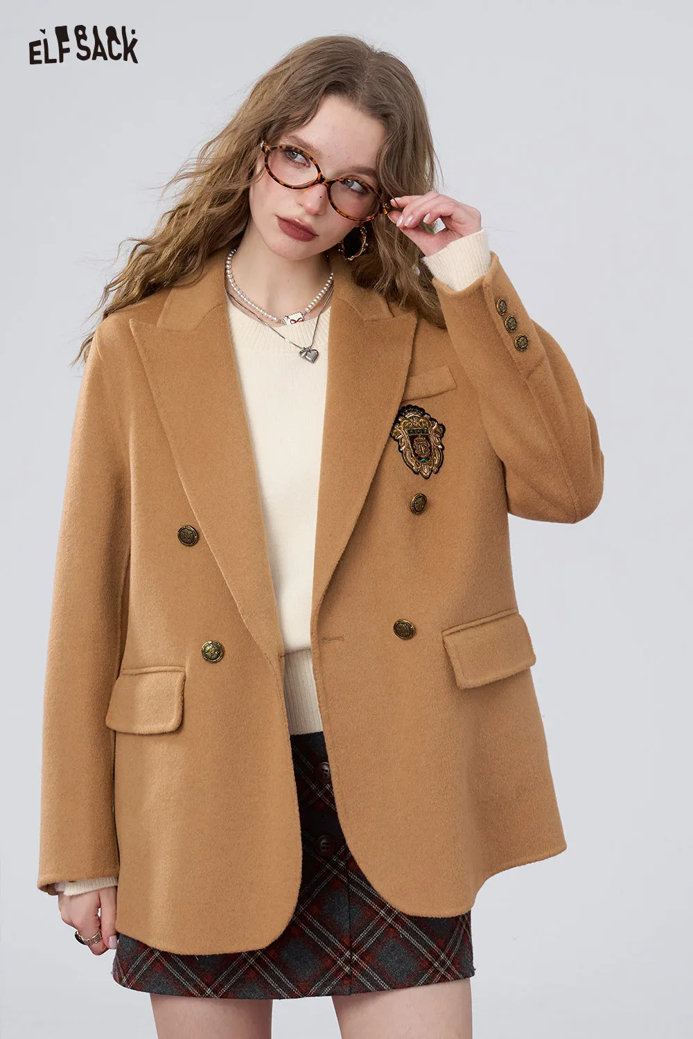 ELFSACK 2024 Winter New Arrivals Retro preppy style slim woolen coat for women, suit collar coat