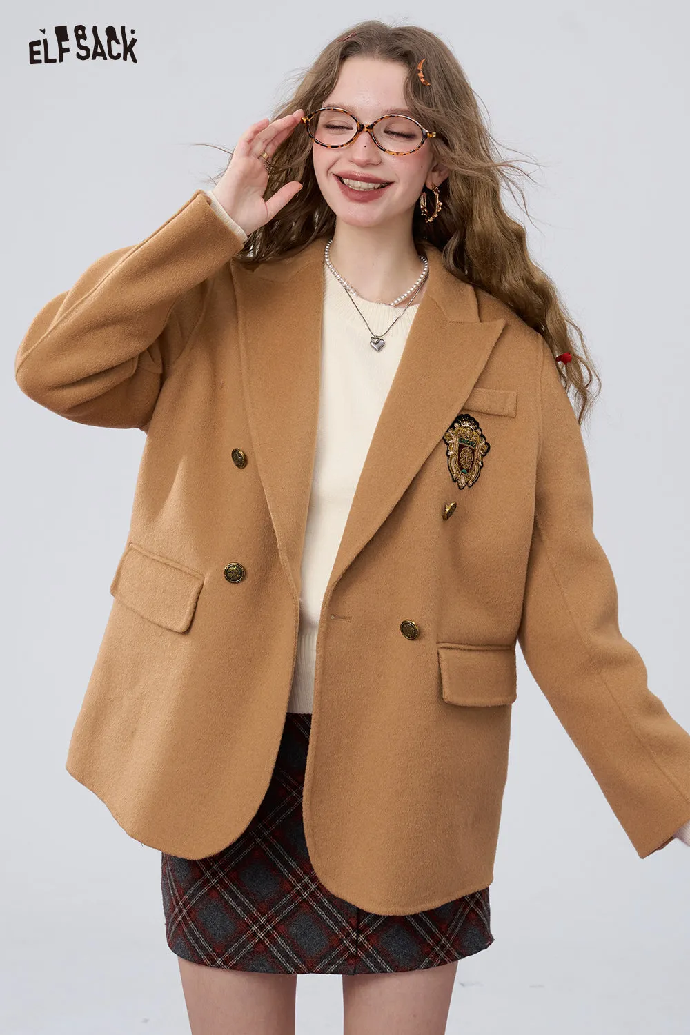 ELFSACK 2024 Winter New Arrivals Retro preppy style slim woolen coat for women, suit collar coat