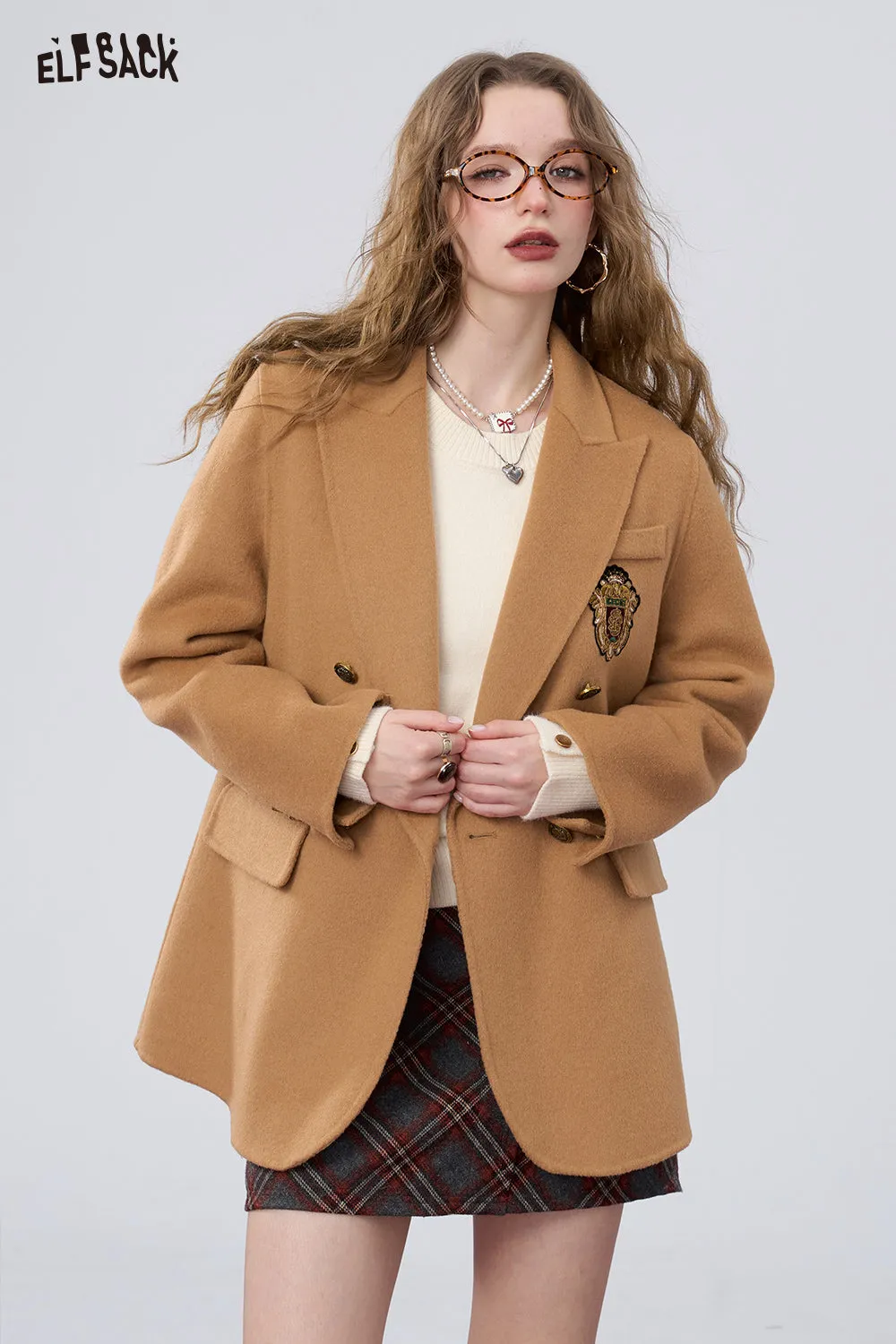 ELFSACK 2024 Winter New Arrivals Retro preppy style slim woolen coat for women, suit collar coat