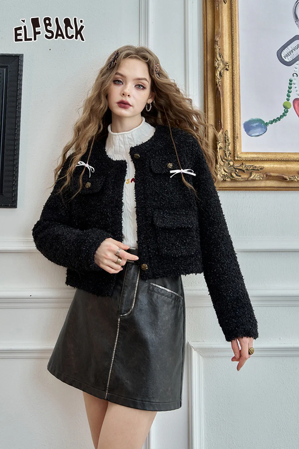 ELFSACK 2024 Winter New Arrivals Winter coat with heart-shaped button short jacket for women