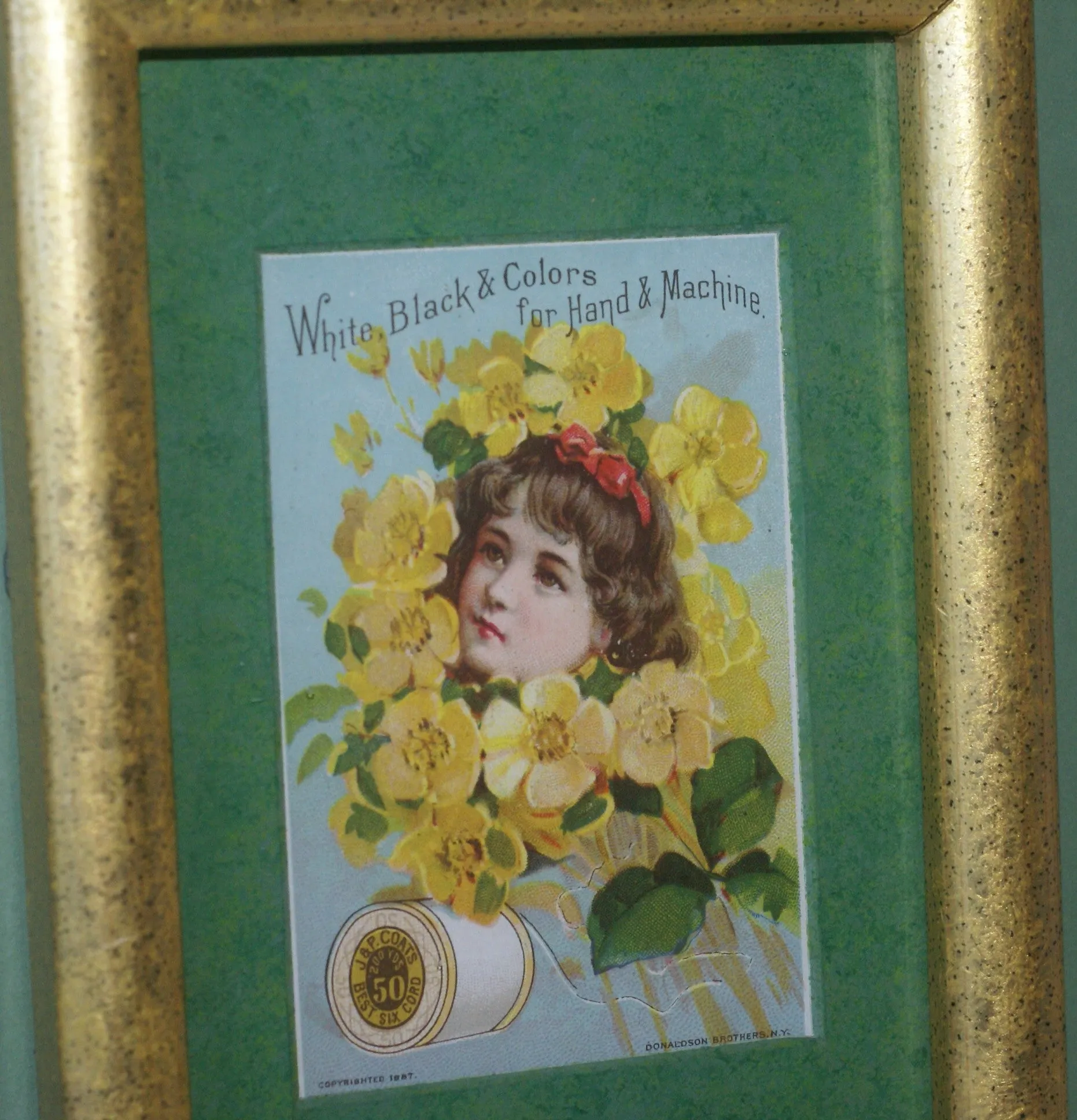 EPHEMERA AMERICANA WHIMSICAL ART: 1887 MATTED FRAMED WITH STAND, ANTIQUE AD VICTORIAN ADVERTISING TRADE CARD: J.& P. Coats GIRL YELLOW BOUQUET (DFPO1X) DESIGNER COLLECTOR COLLECTIBLE DELIGHTFUL WALL DÉCOR