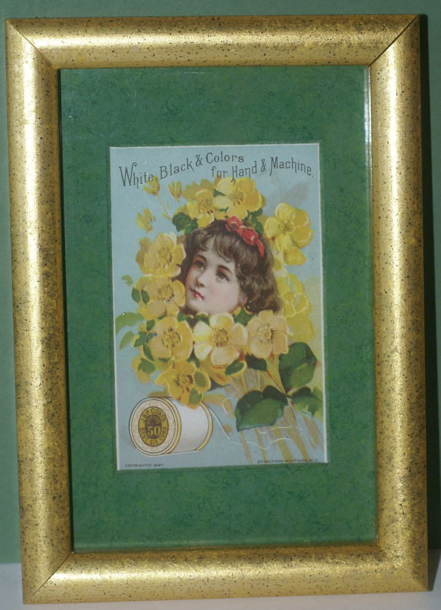 EPHEMERA AMERICANA WHIMSICAL ART: 1887 MATTED FRAMED WITH STAND, ANTIQUE AD VICTORIAN ADVERTISING TRADE CARD: J.& P. Coats GIRL YELLOW BOUQUET (DFPO1X) DESIGNER COLLECTOR COLLECTIBLE DELIGHTFUL WALL DÉCOR