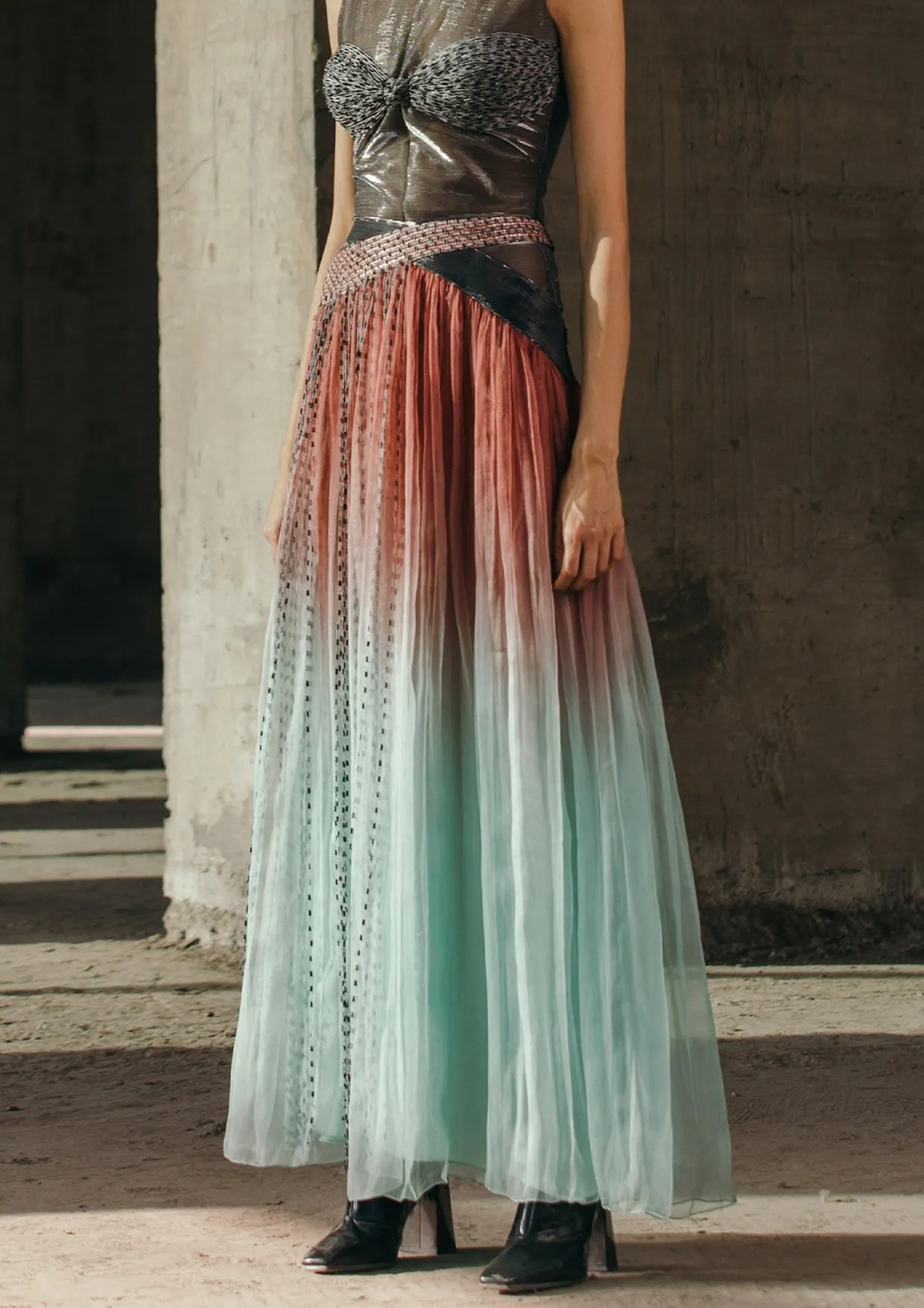 Fringed Silk Organza Maxi Skirt