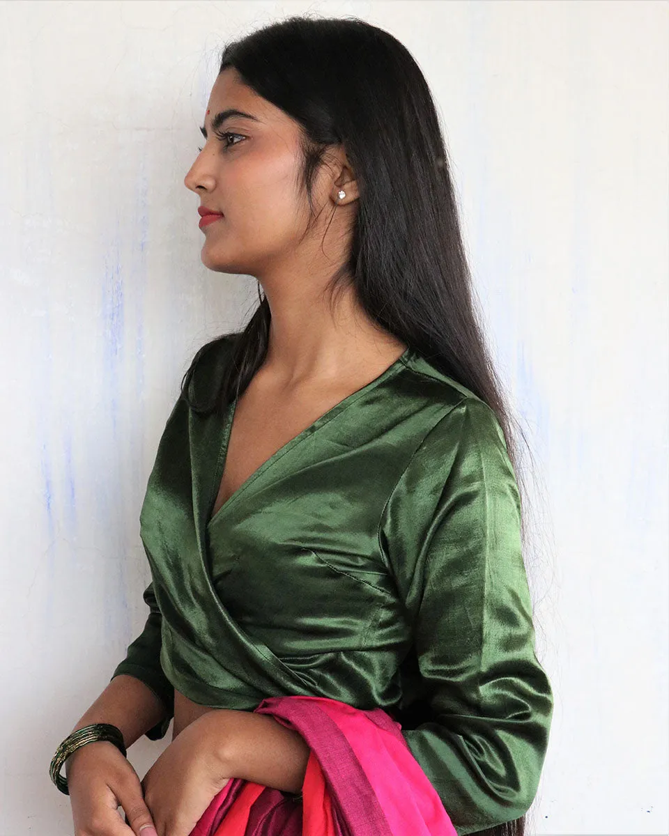 Green Tie-Up Mashru Silk Blouse-Sahar