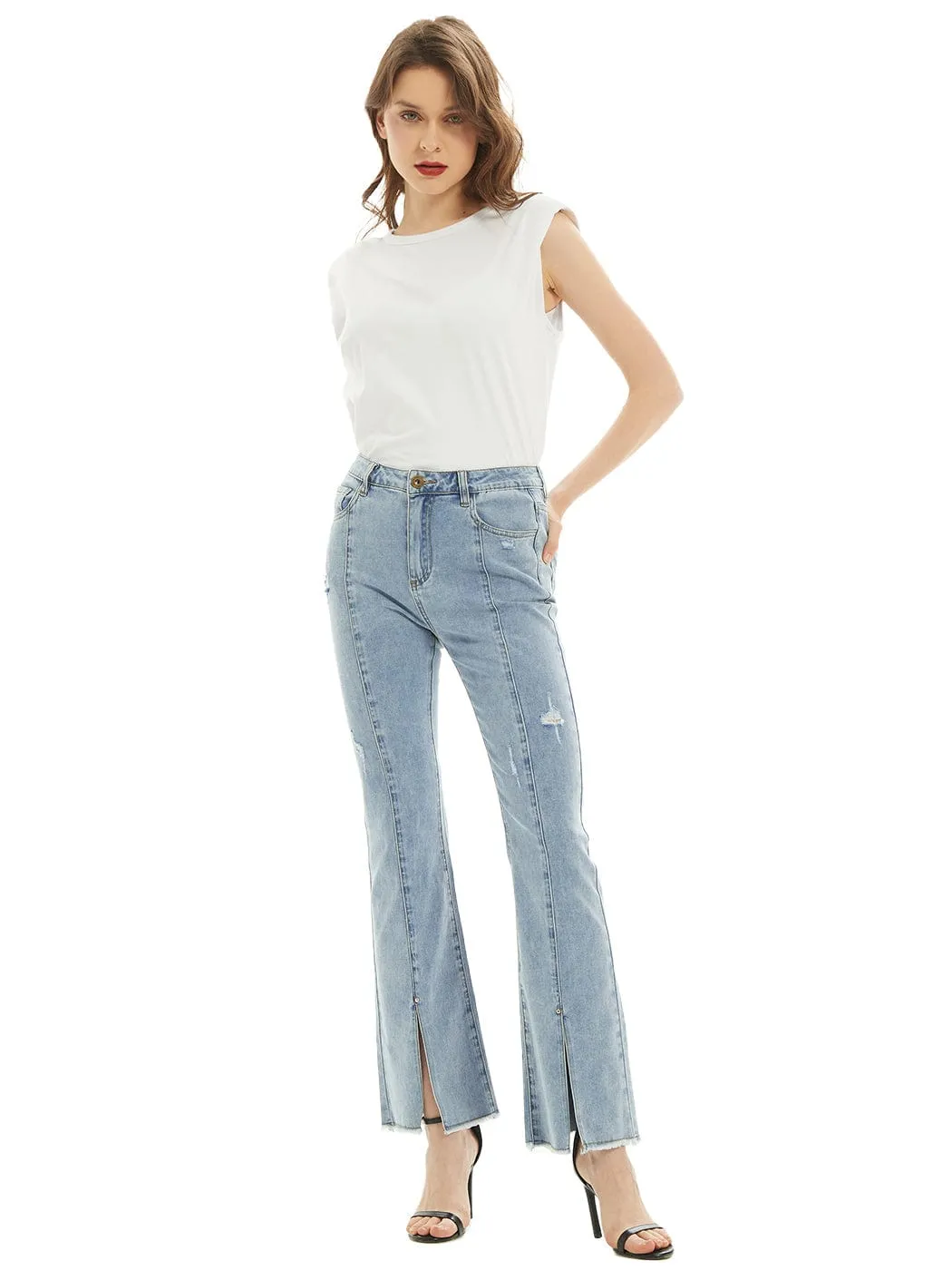 High Waist Distressed Slit Denim Jeans Long Pants with Pockets