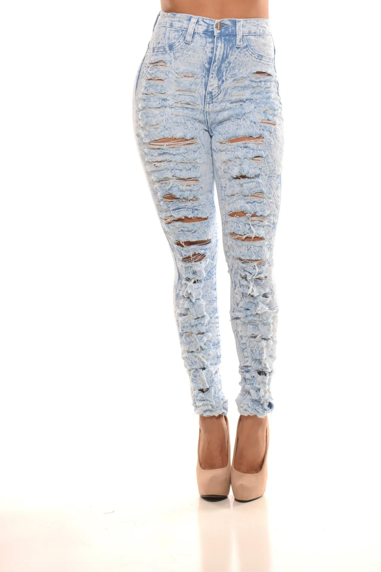 High Waisted Distressed ACID Wash Denim - Ice Blue