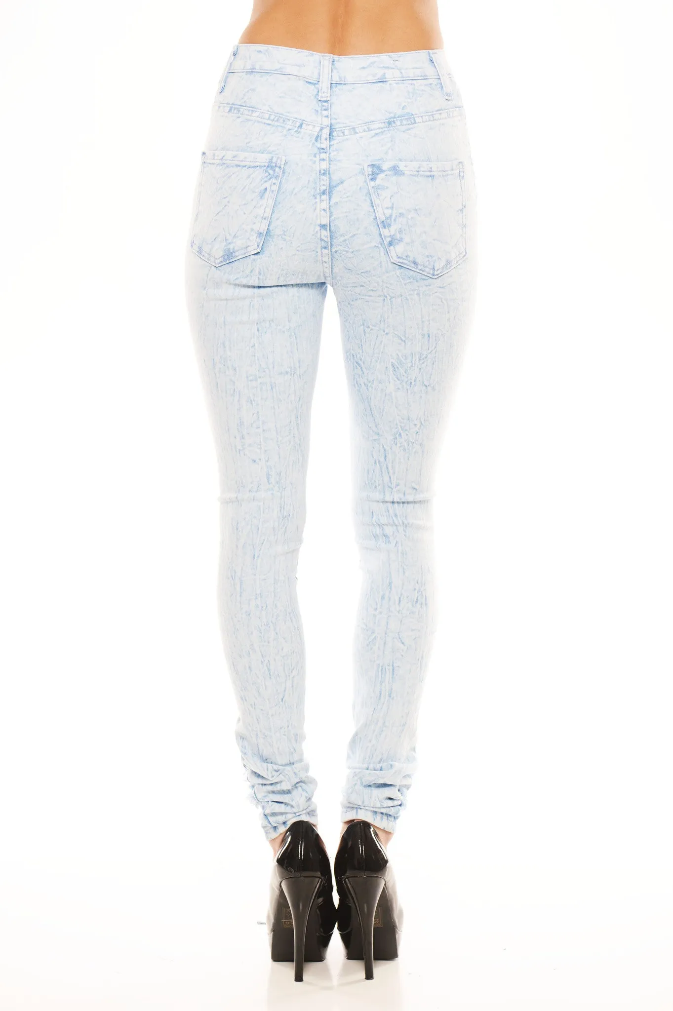 High Waisted Distressed ACID Wash Denim - Ice Blue