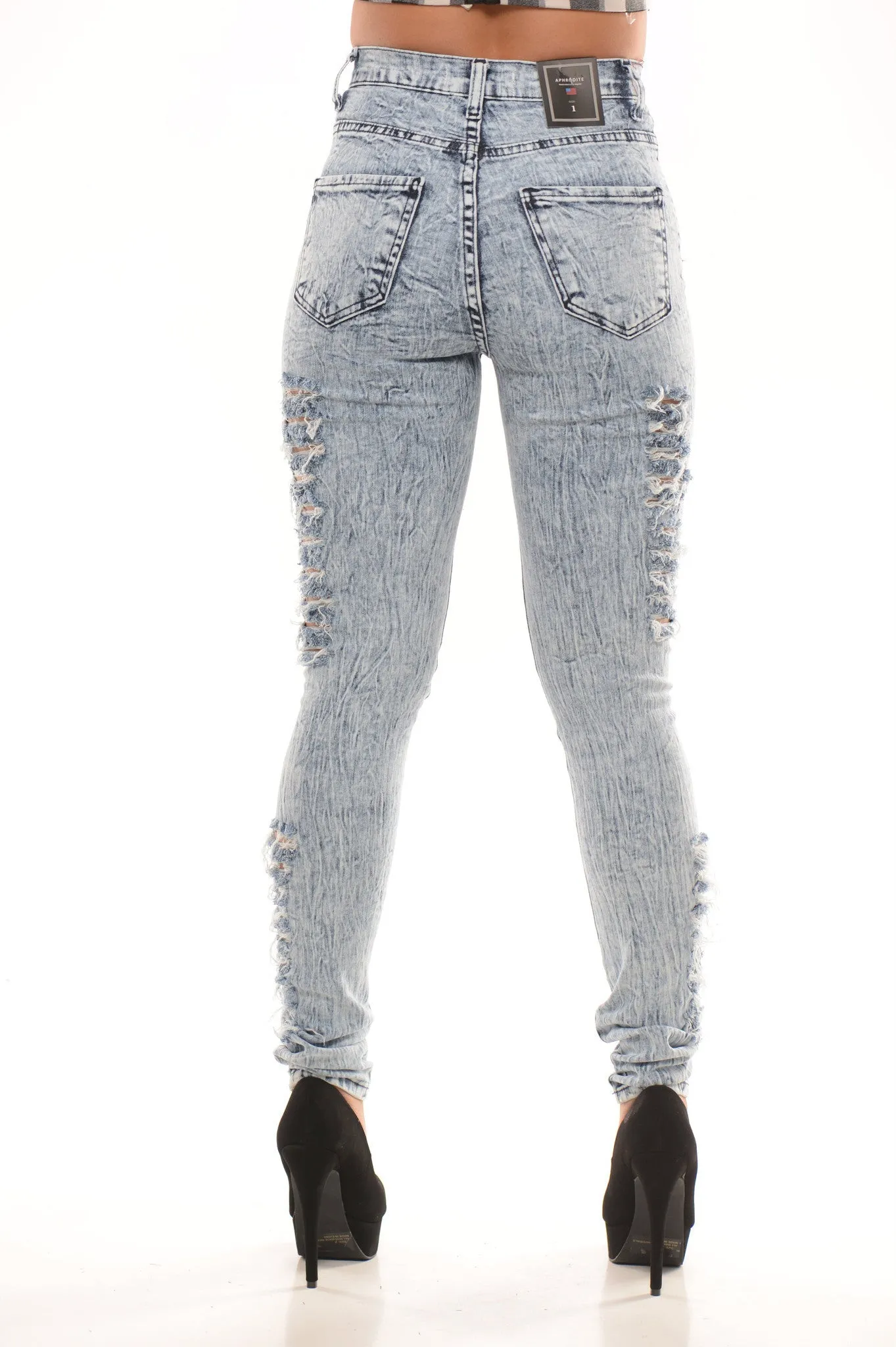 High Waisted Multi Distressed ACID Wash Denim - Medium Blue