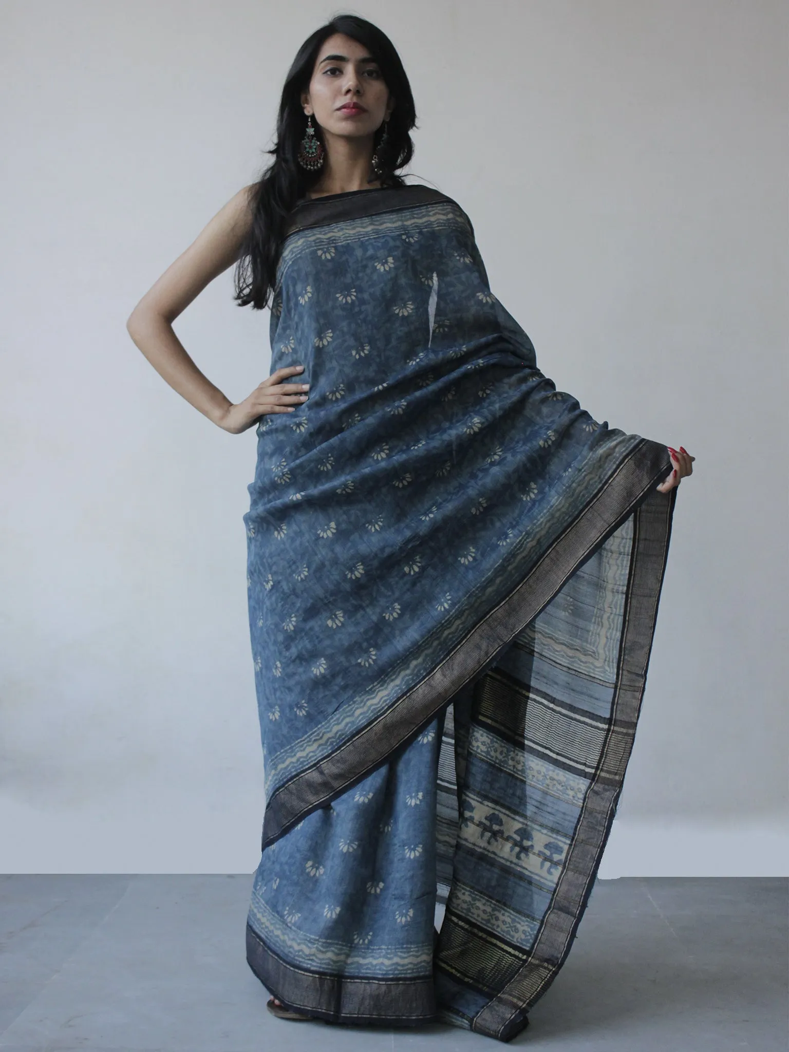 Indigo Ivory Black Tussar Hand Block Printed Handloom Saree in Natural Dyes - S031702518