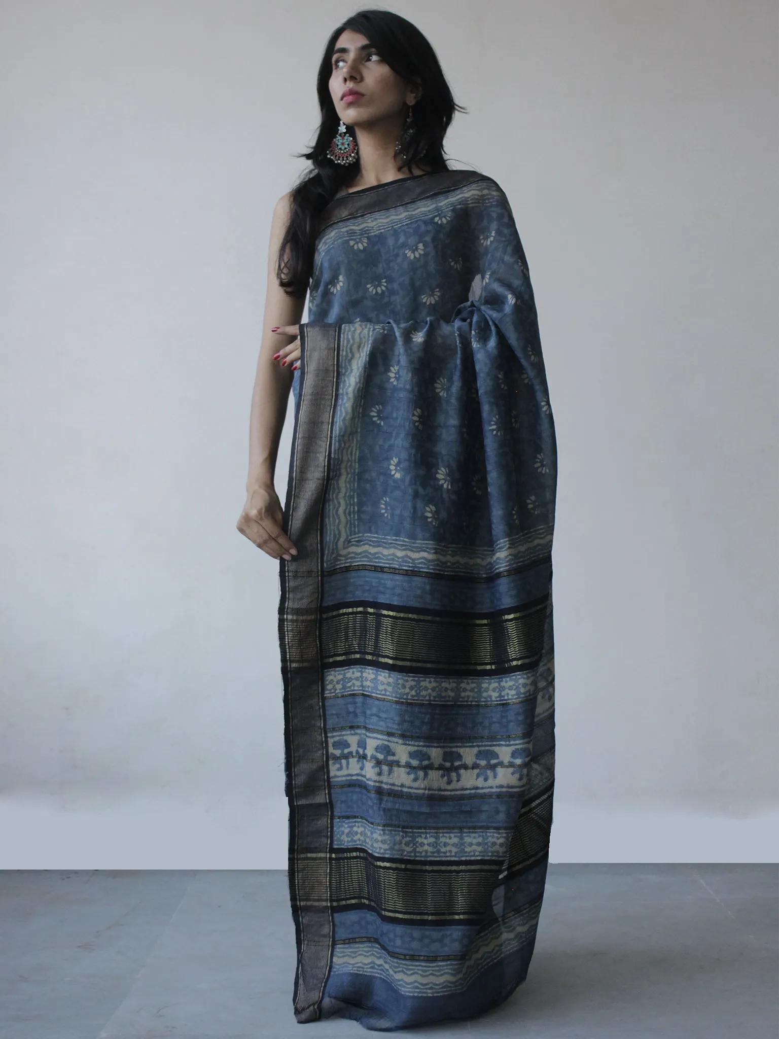 Indigo Ivory Black Tussar Hand Block Printed Handloom Saree in Natural Dyes - S031702518