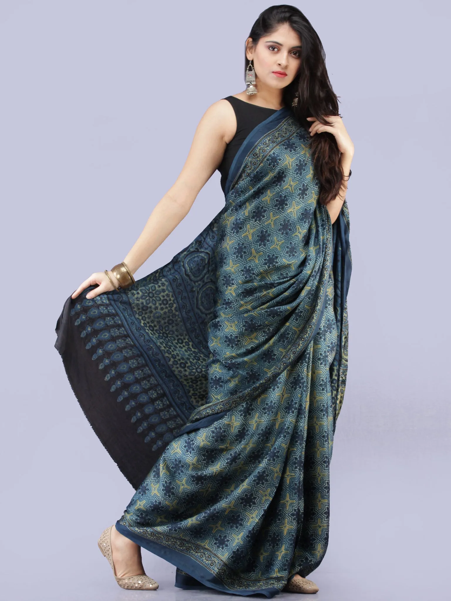 Indigo Olive Green Black Ajrakh Hand Block Printed Modal Silk Saree - S031704234