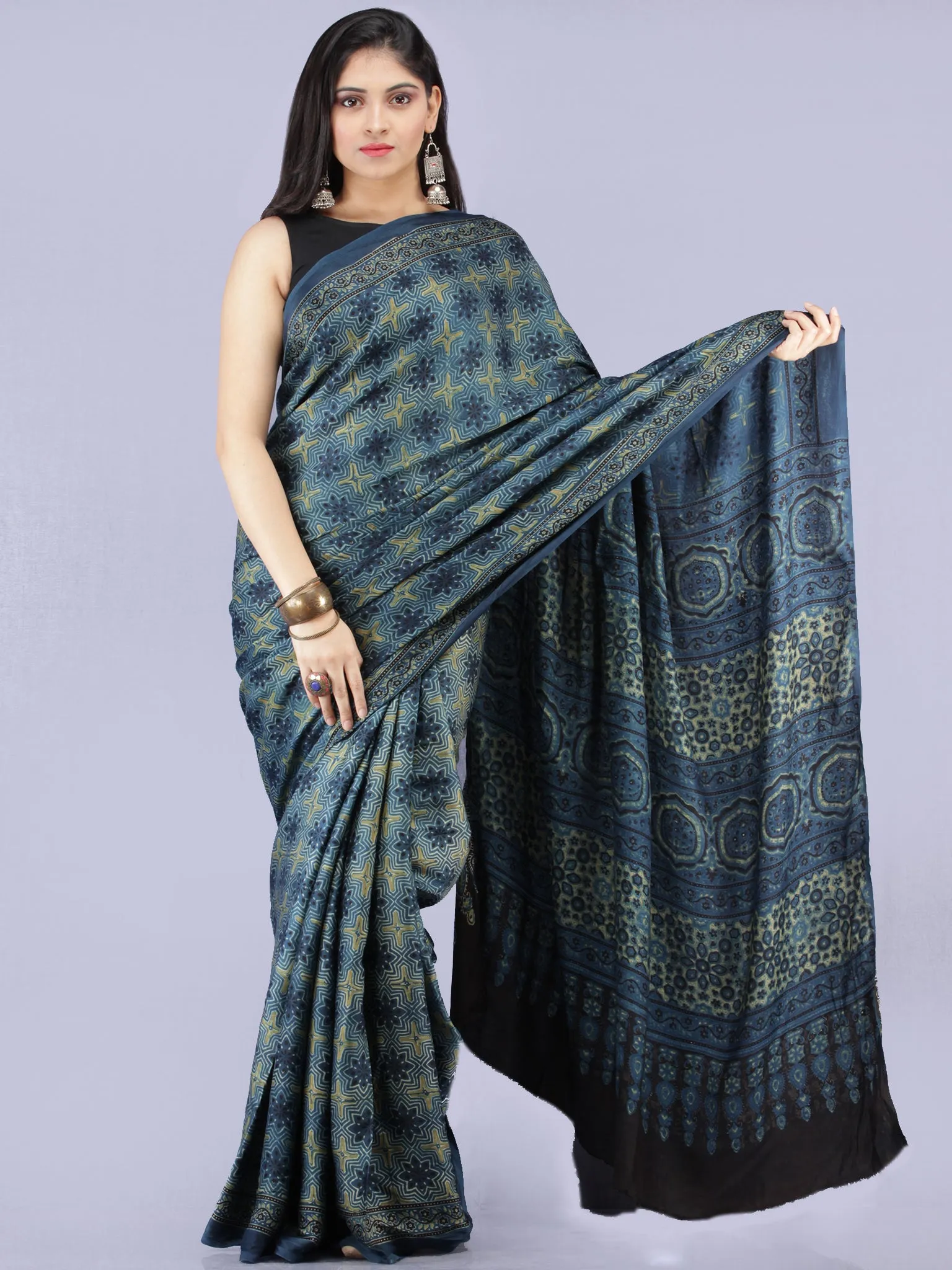 Indigo Olive Green Black Ajrakh Hand Block Printed Modal Silk Saree - S031704234