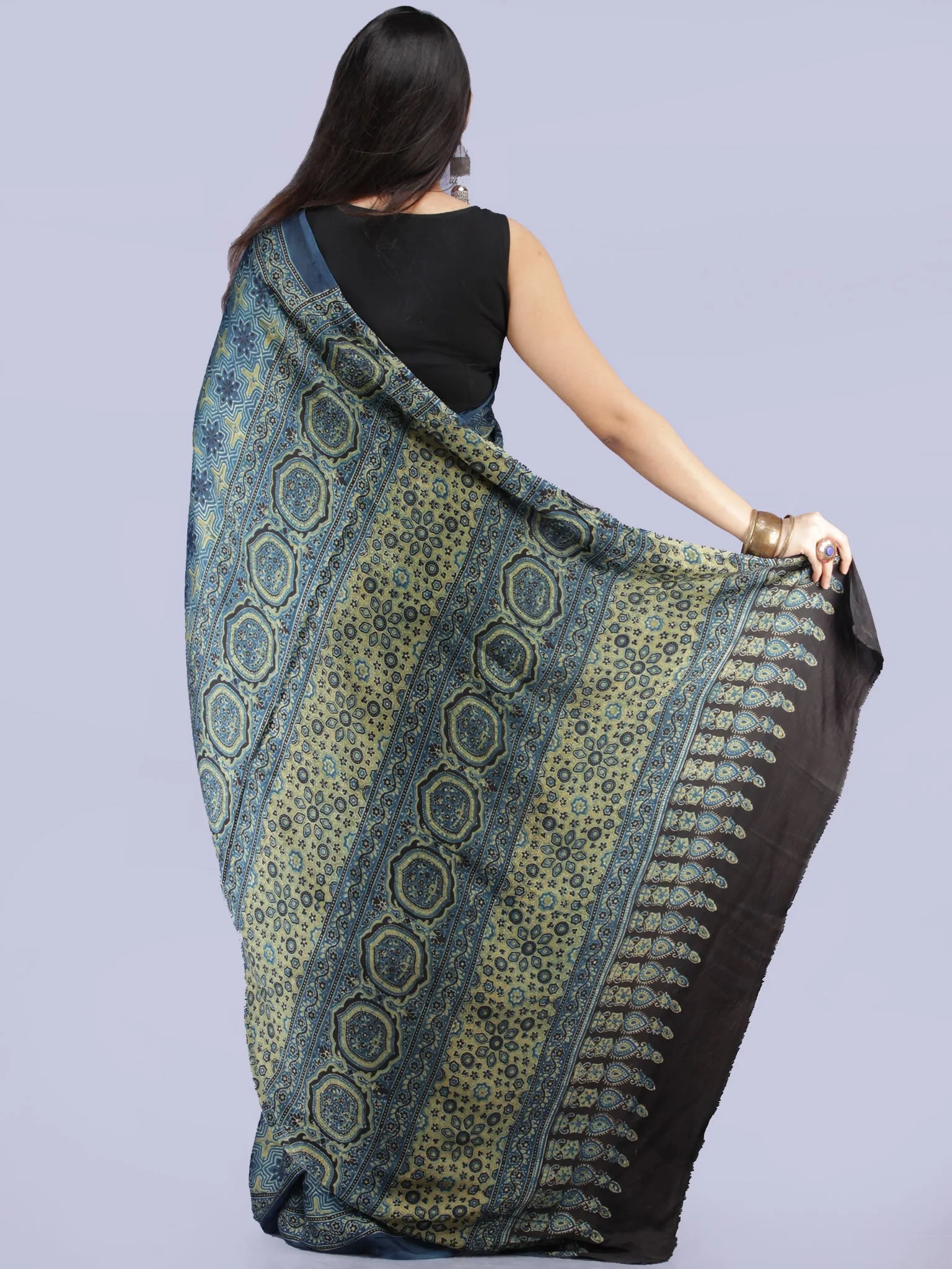 Indigo Olive Green Black Ajrakh Hand Block Printed Modal Silk Saree - S031704234