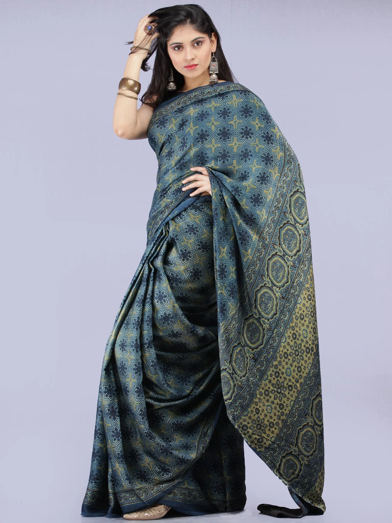 Indigo Olive Green Black Ajrakh Hand Block Printed Modal Silk Saree - S031704234