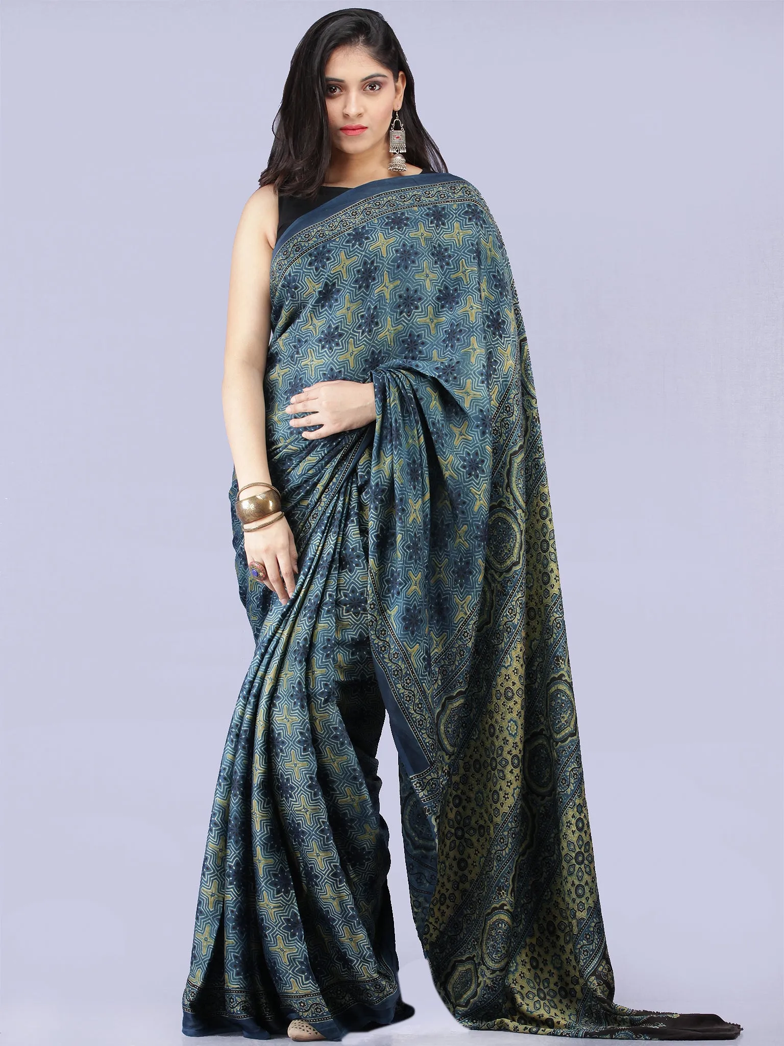 Indigo Olive Green Black Ajrakh Hand Block Printed Modal Silk Saree - S031704234