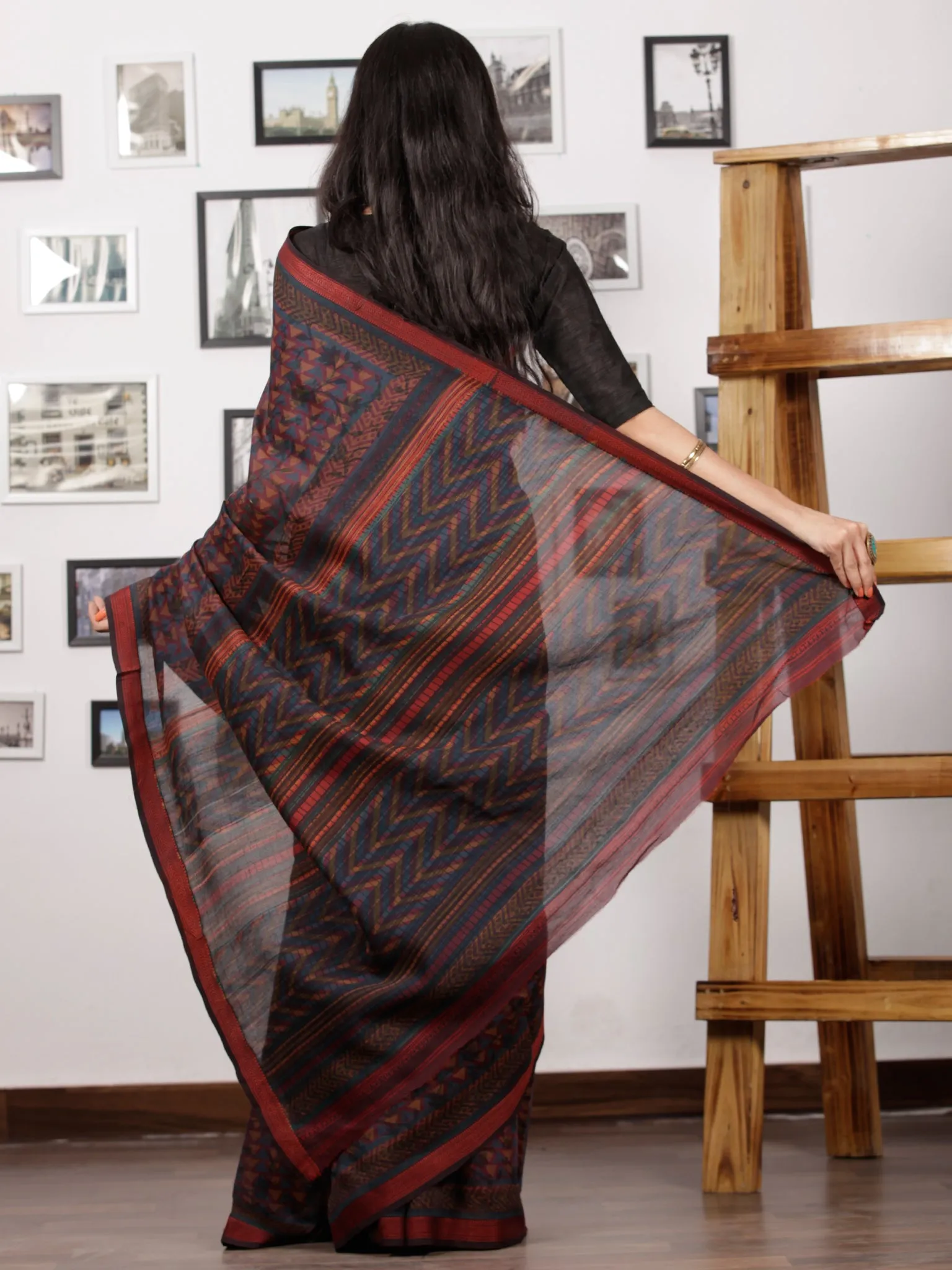 Indigo Purple Black Maheshwari Silk Hand Block Printed Saree With Zari Border - S031702994