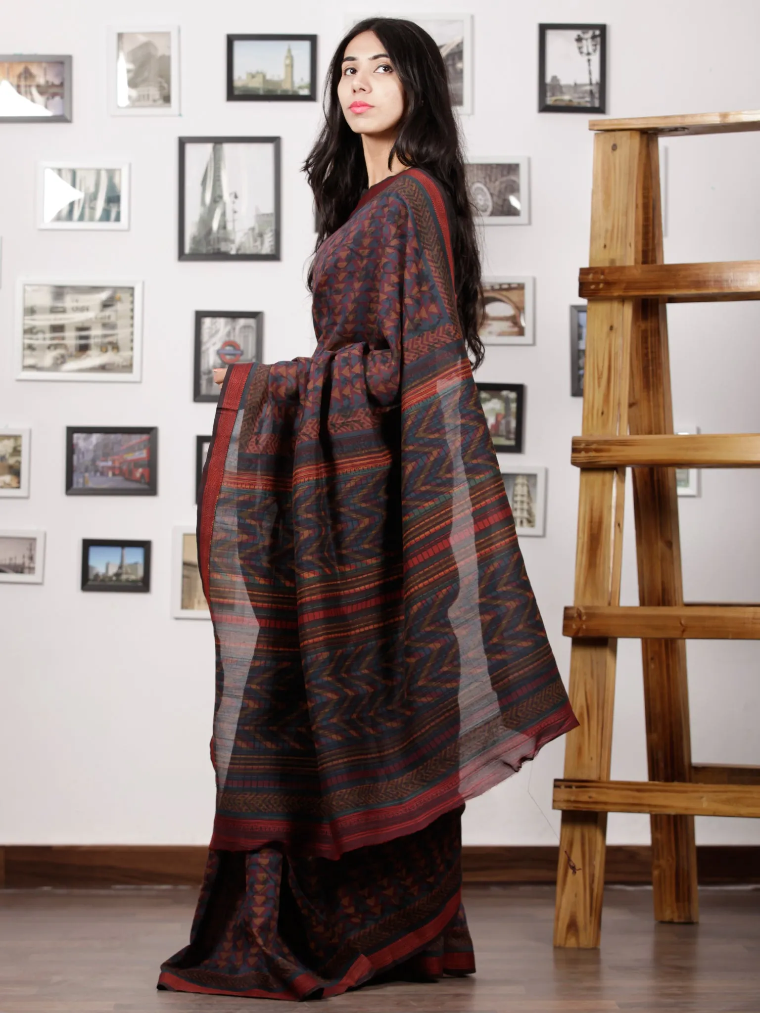 Indigo Purple Black Maheshwari Silk Hand Block Printed Saree With Zari Border - S031702994