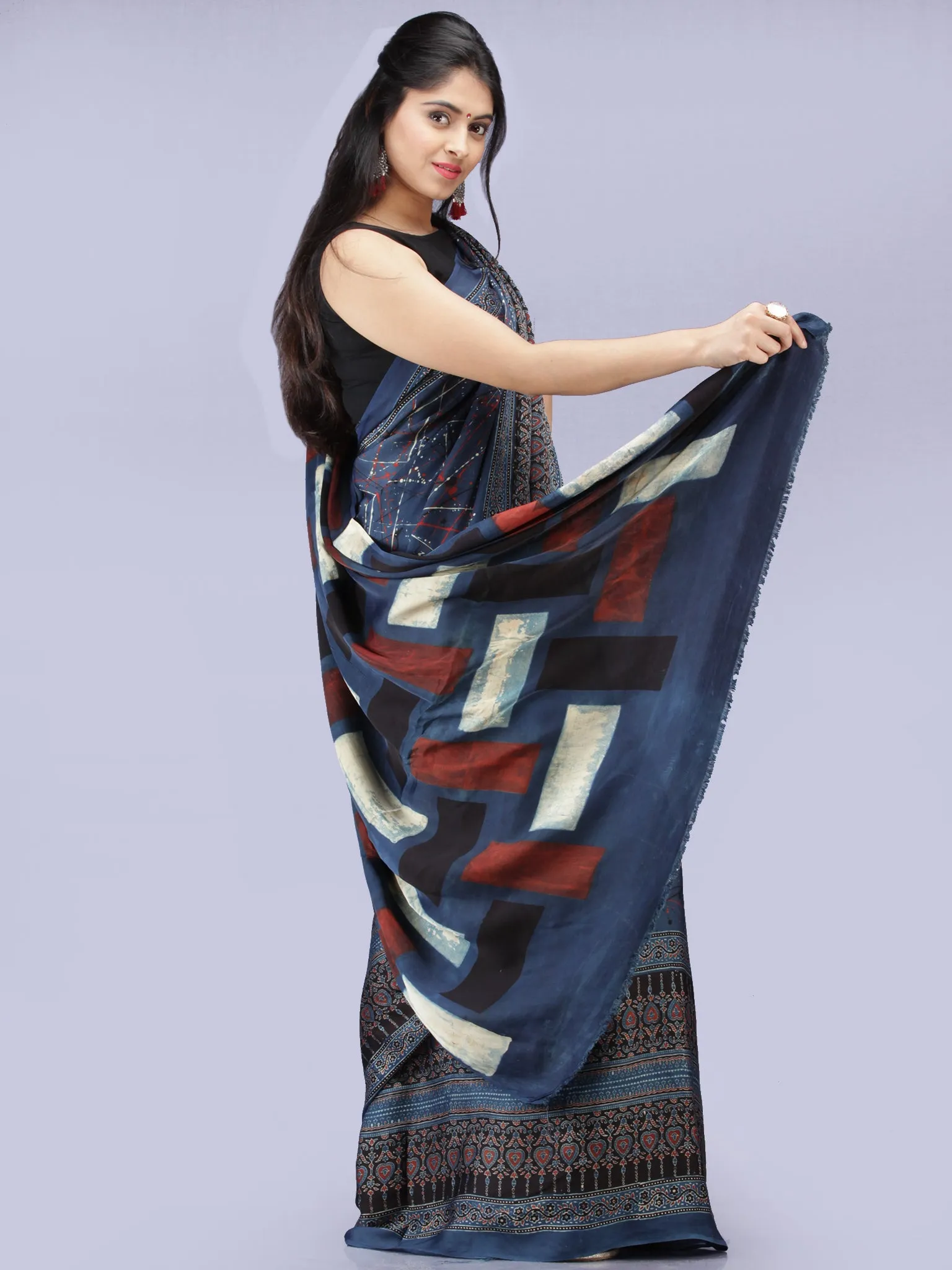 Indigo Red Black Ajrakh Hand Block Printed Modal Silk Saree - S031704229