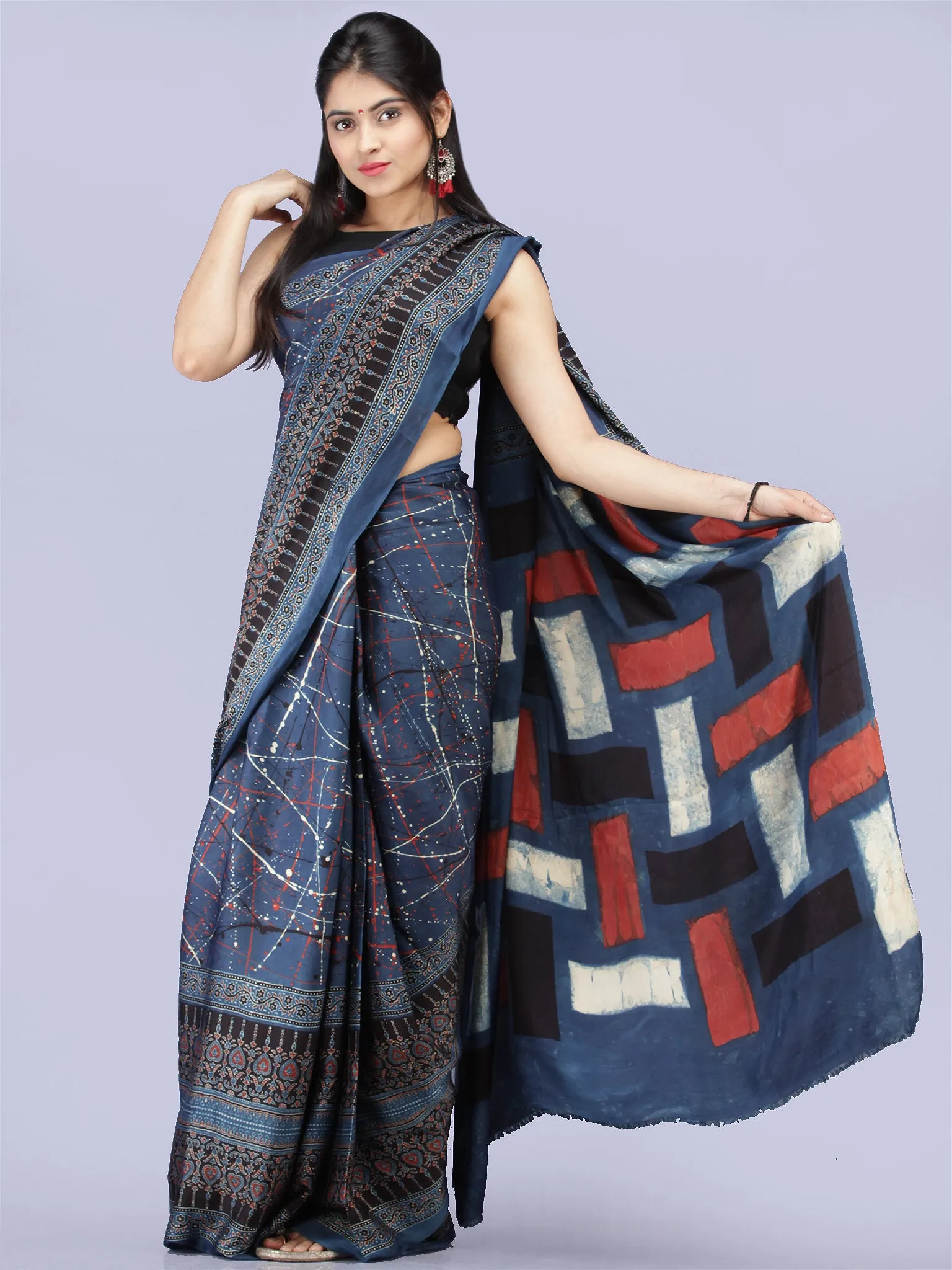 Indigo Red Black Ajrakh Hand Block Printed Modal Silk Saree - S031704229