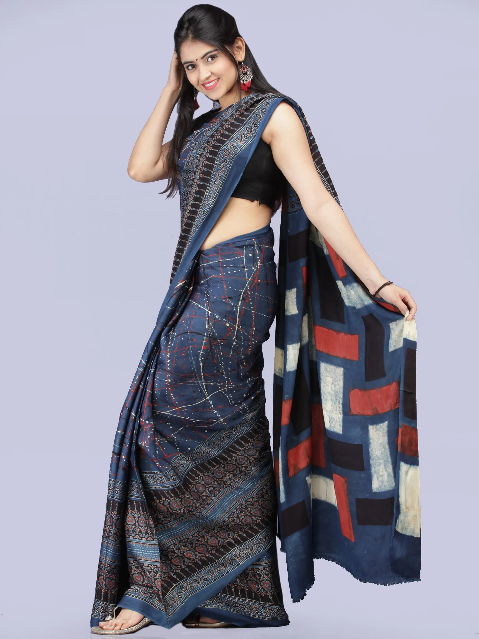 Indigo Red Black Ajrakh Hand Block Printed Modal Silk Saree - S031704229