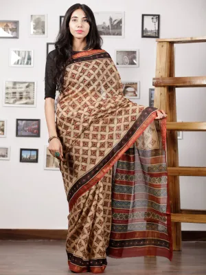 Ivory Red Black Maheshwari Silk Hand Block Printed Saree With Zari Border - S031702981