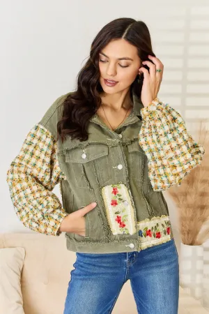 KESLEY Boho Jean Jacket Flower Embroidered Button Down Raw Hem Denim Light Shacket