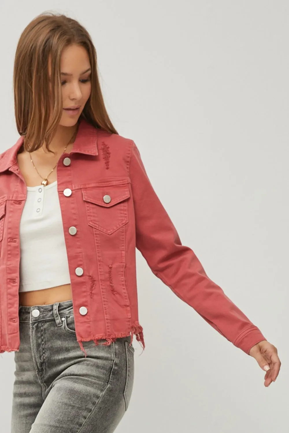 KESLEY Denim Jacket Pink Red Raw Hem Button Up Cropped Women's Jean Jacket