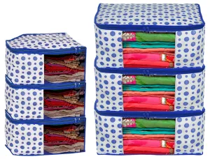 Kuber Industries Dot Printed Non-Woven Blouse & Saree Cover, Cloth Organizer Set, Wardrobe Organiser With Tranasparent Window- Pack of 6 (Blue)-46KM0470