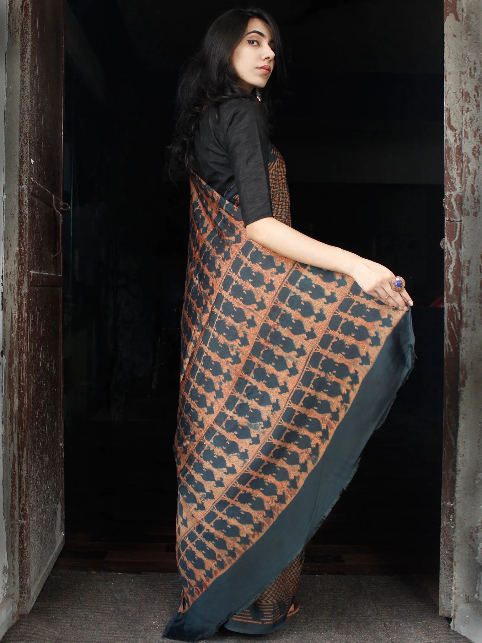 Lead Black Rust Ajrakh Hand Block Printed Modal Silk Saree in Natural Colors - S031703512